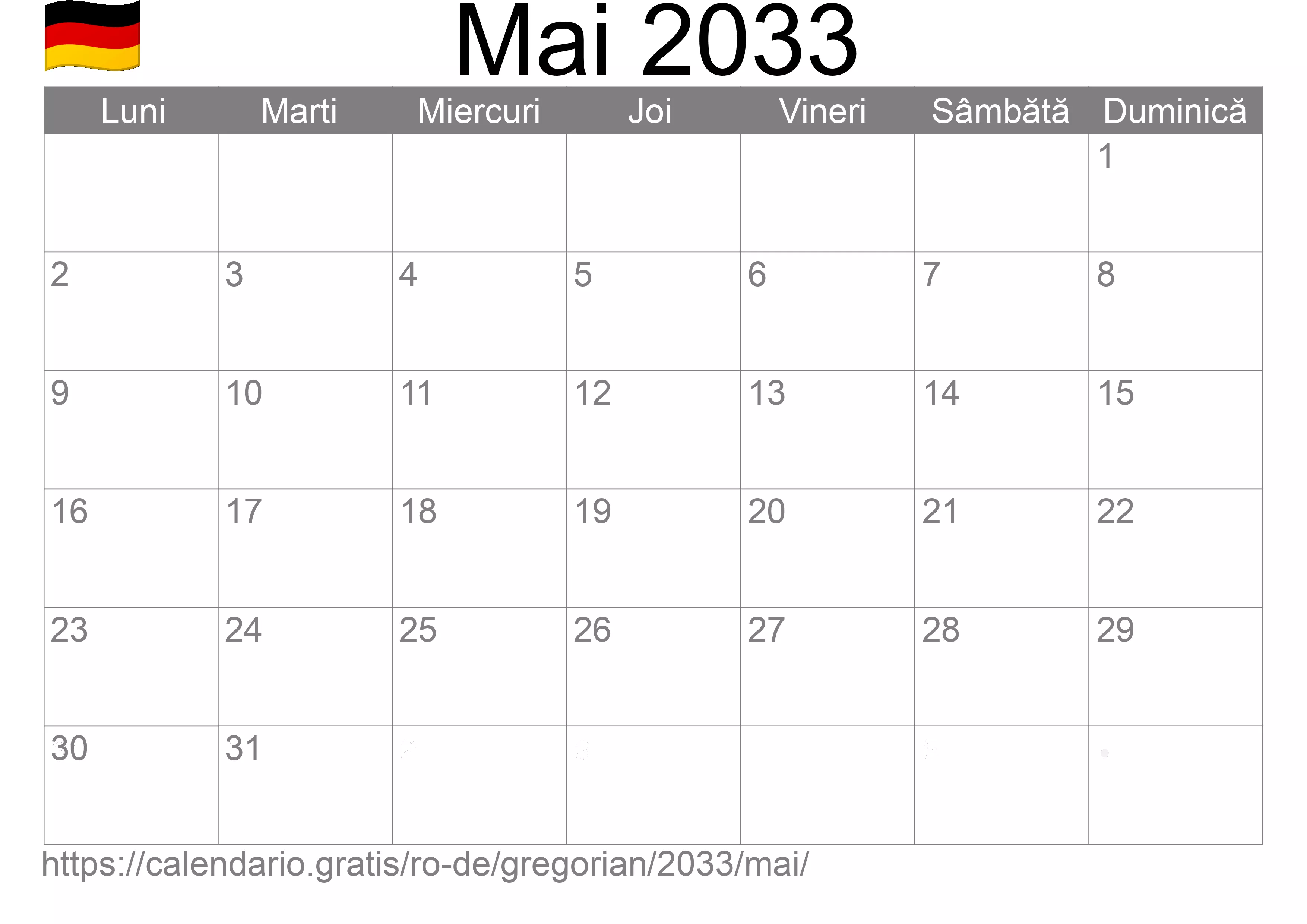 Calendar Mai 2033 pentru imprimare (Germania)