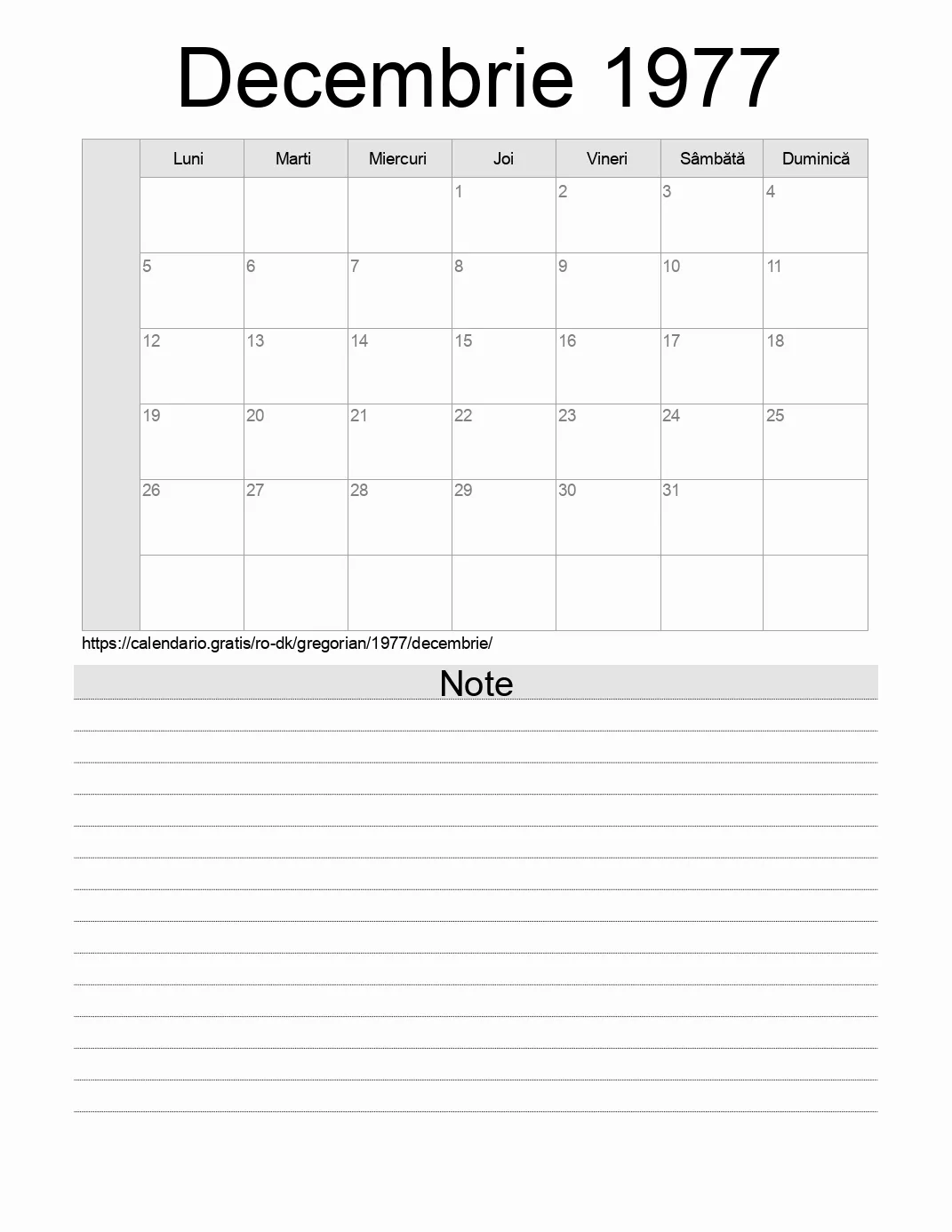 Calendar pentru Decembrie 1977 de imprimat cu note. (Danemarca) Calendar pentru Decembrie 1977 de imprimat cu note. (Danemarca)