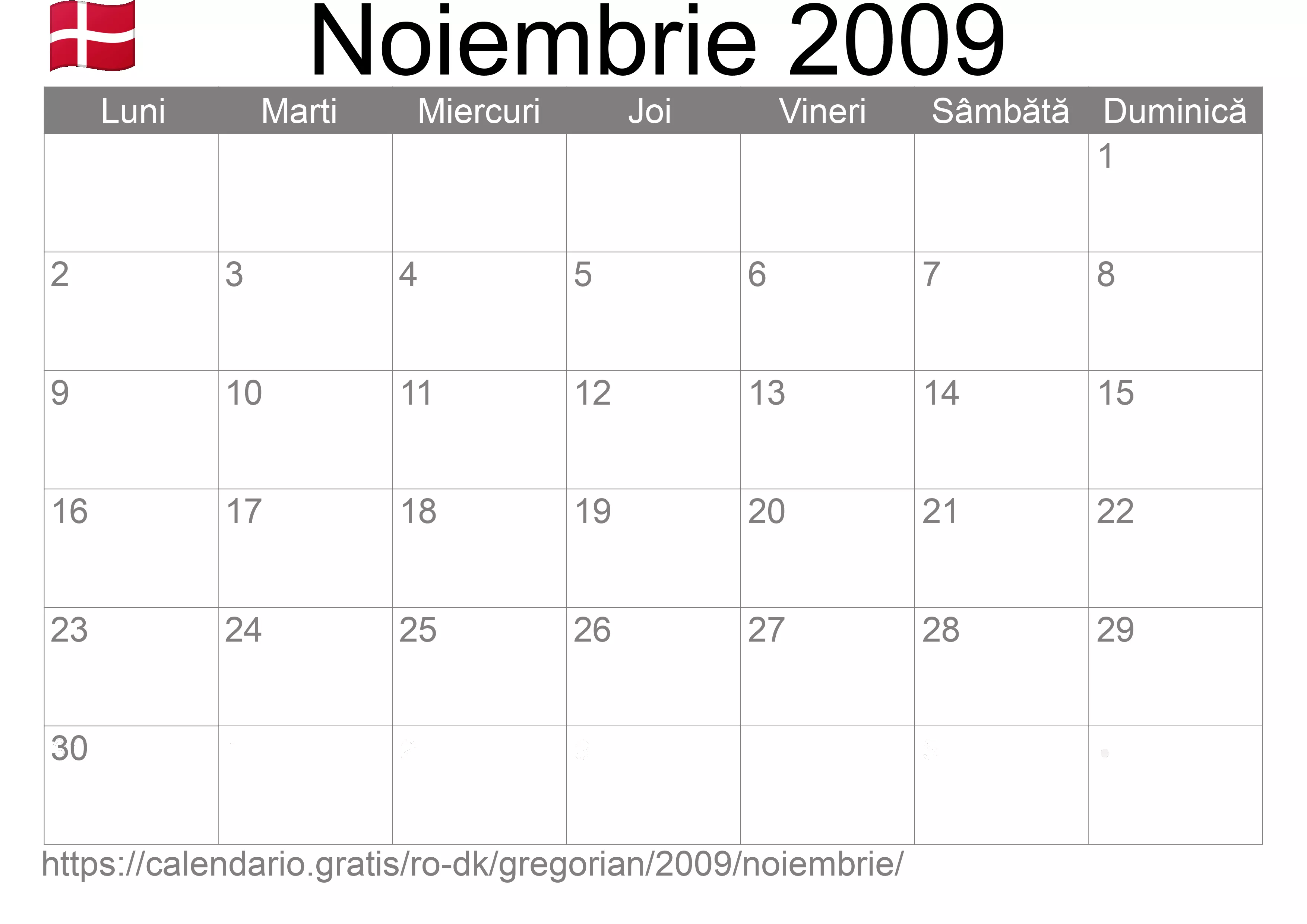 Calendar Noiembrie 2009 pentru imprimare (Danemarca)