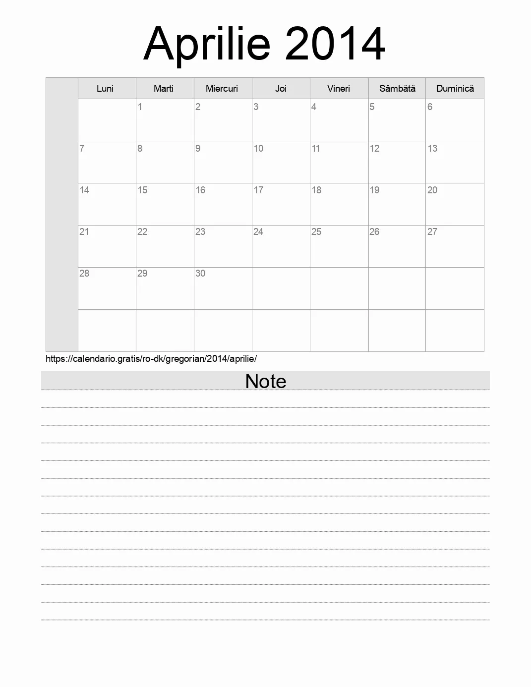 Calendar pentru Aprilie 2014 de imprimat cu note. (Danemarca)