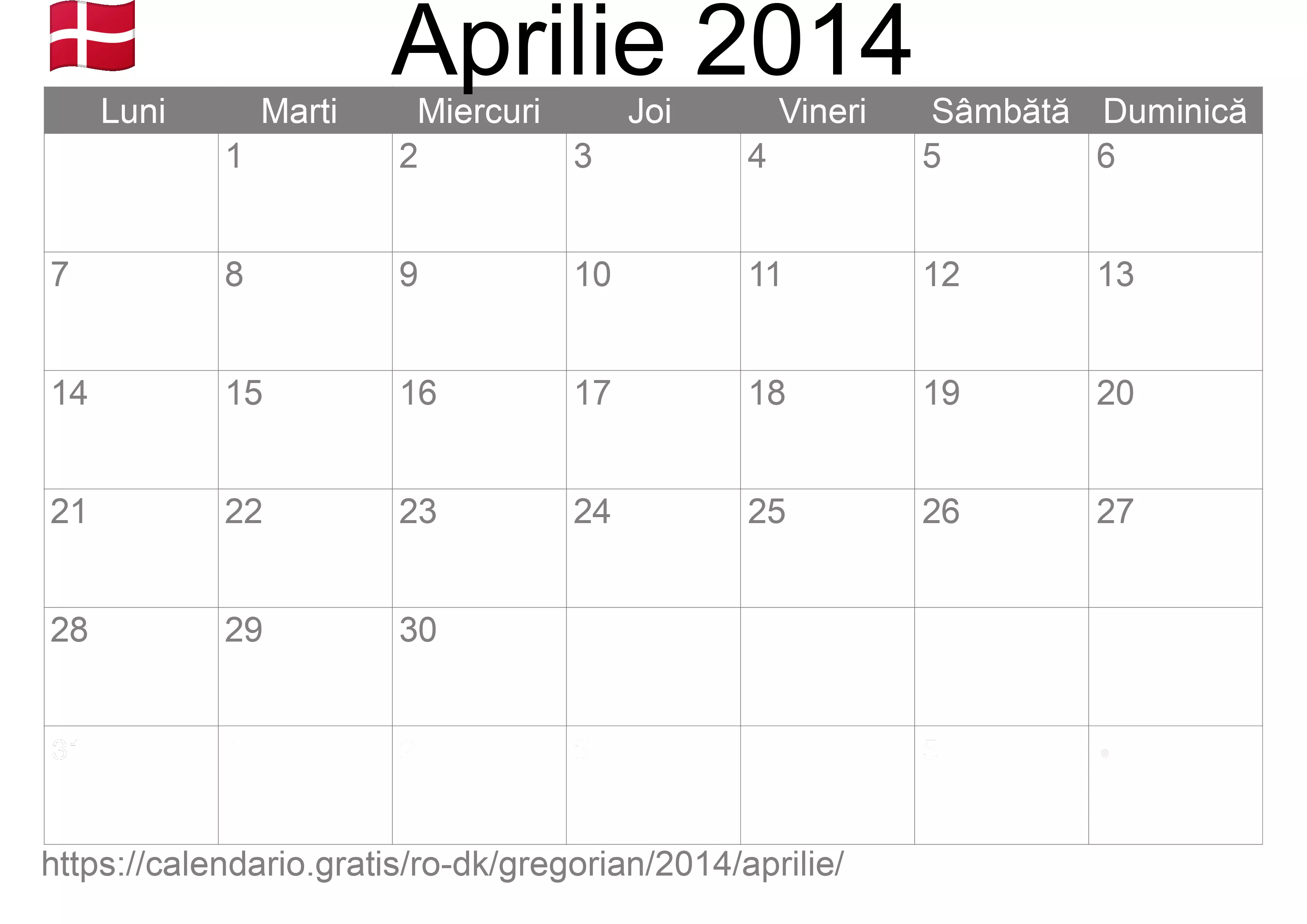 Calendar Aprilie 2014 pentru imprimare (Danemarca)