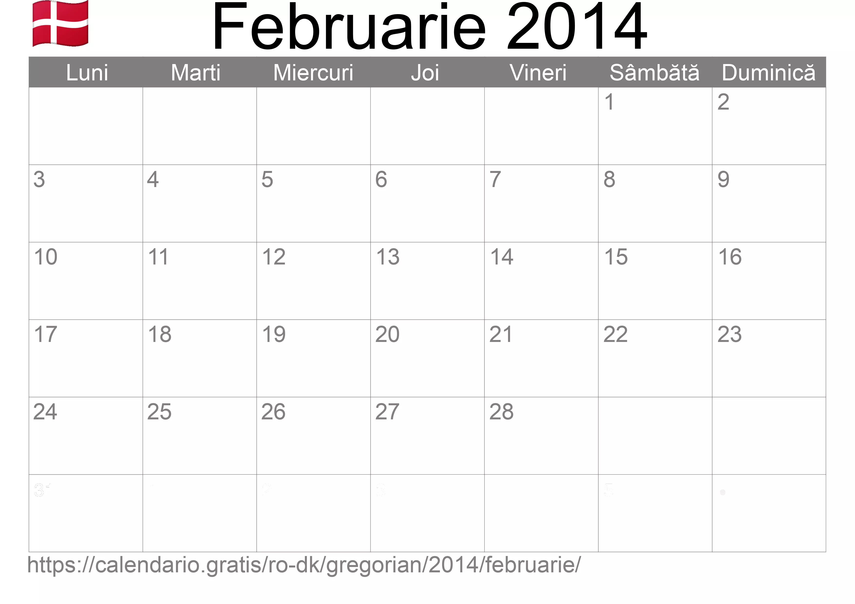 Calendar Februarie 2014 pentru imprimare (Danemarca) Calendar Februarie 2014 pentru imprimare (Danemarca)