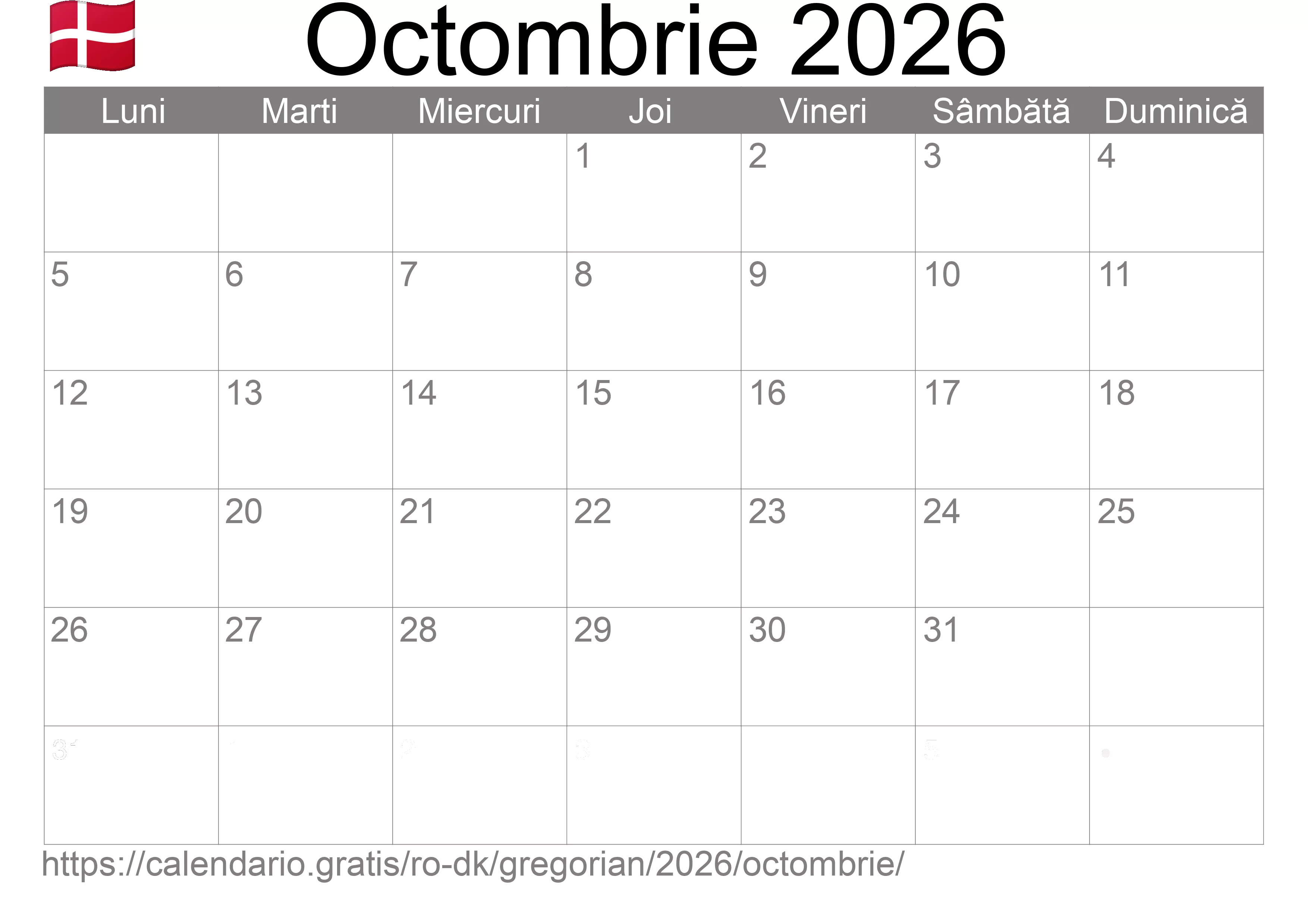 Calendar Octombrie 2026 pentru imprimare (Danemarca) Calendar Octombrie 2026 pentru imprimare (Danemarca)