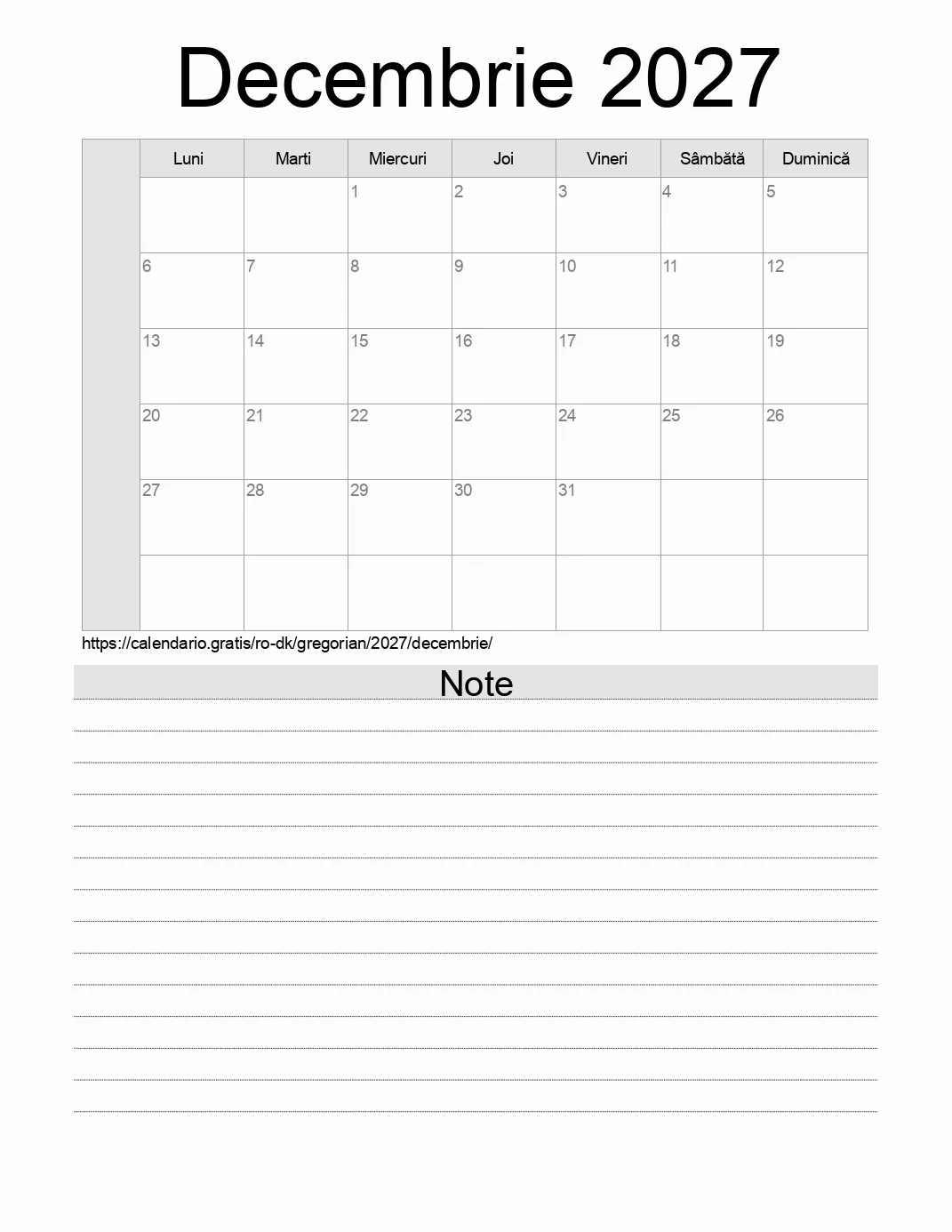 Calendar pentru Decembrie 2027 de imprimat cu note. (Danemarca) Calendar pentru Decembrie 2027 de imprimat cu note. (Danemarca)