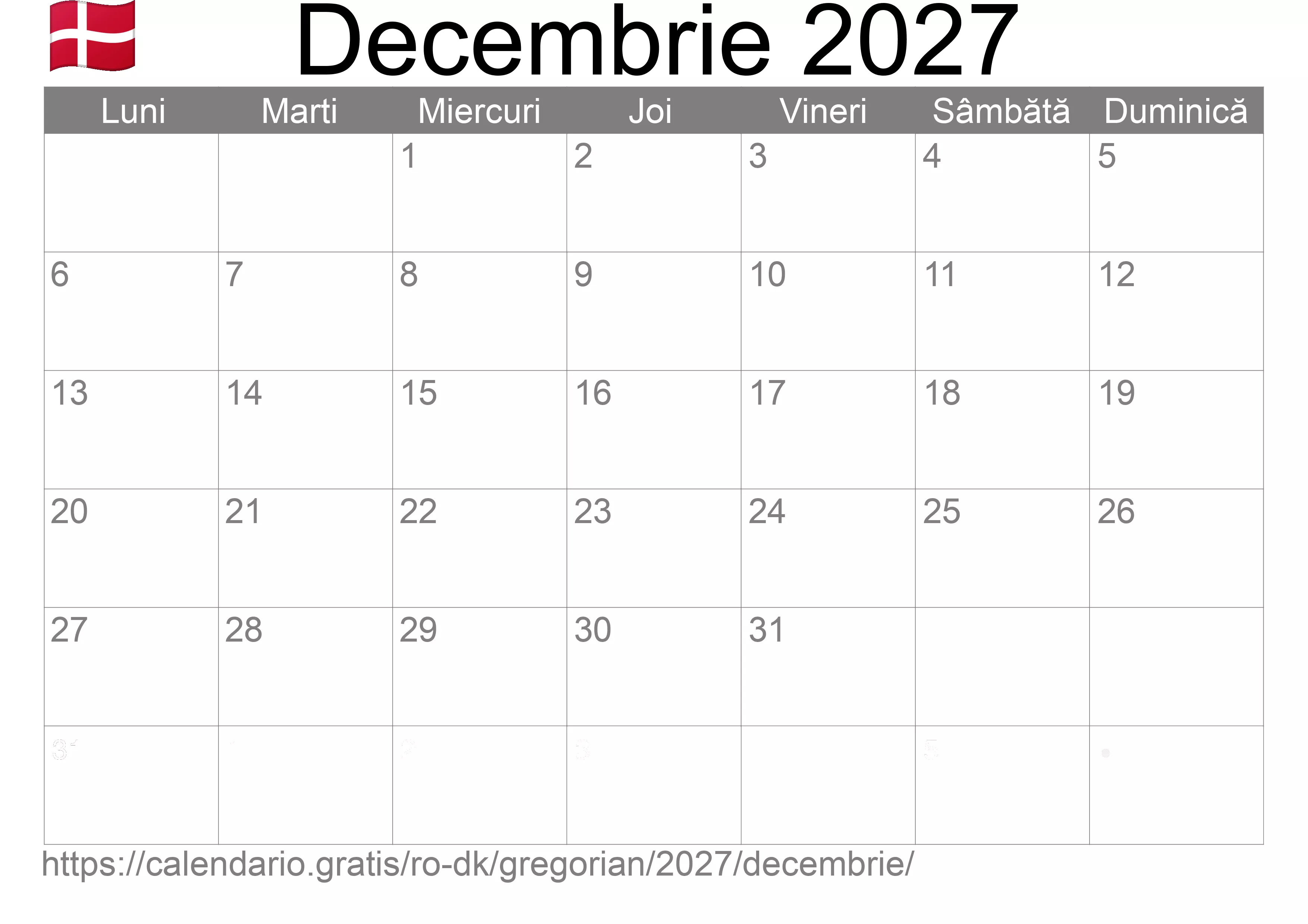Calendar Decembrie 2027 pentru imprimare (Danemarca) Calendar Decembrie 2027 pentru imprimare (Danemarca)