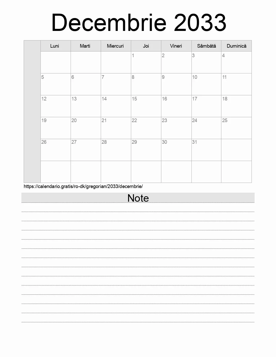 Calendar pentru Decembrie 2033 de imprimat cu note. (Danemarca) Calendar pentru Decembrie 2033 de imprimat cu note. (Danemarca)