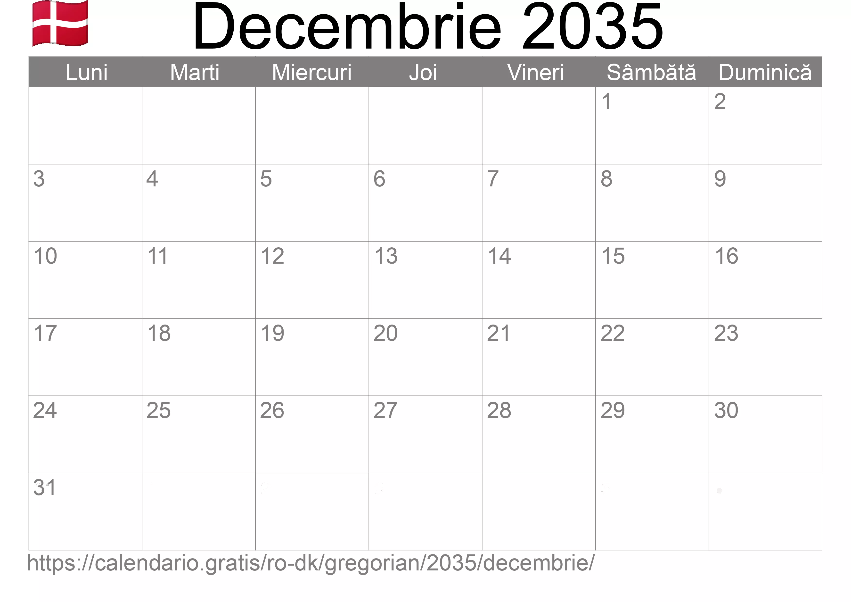 Calendar Decembrie 2035 pentru imprimare (Danemarca) Calendar Decembrie 2035 pentru imprimare (Danemarca)