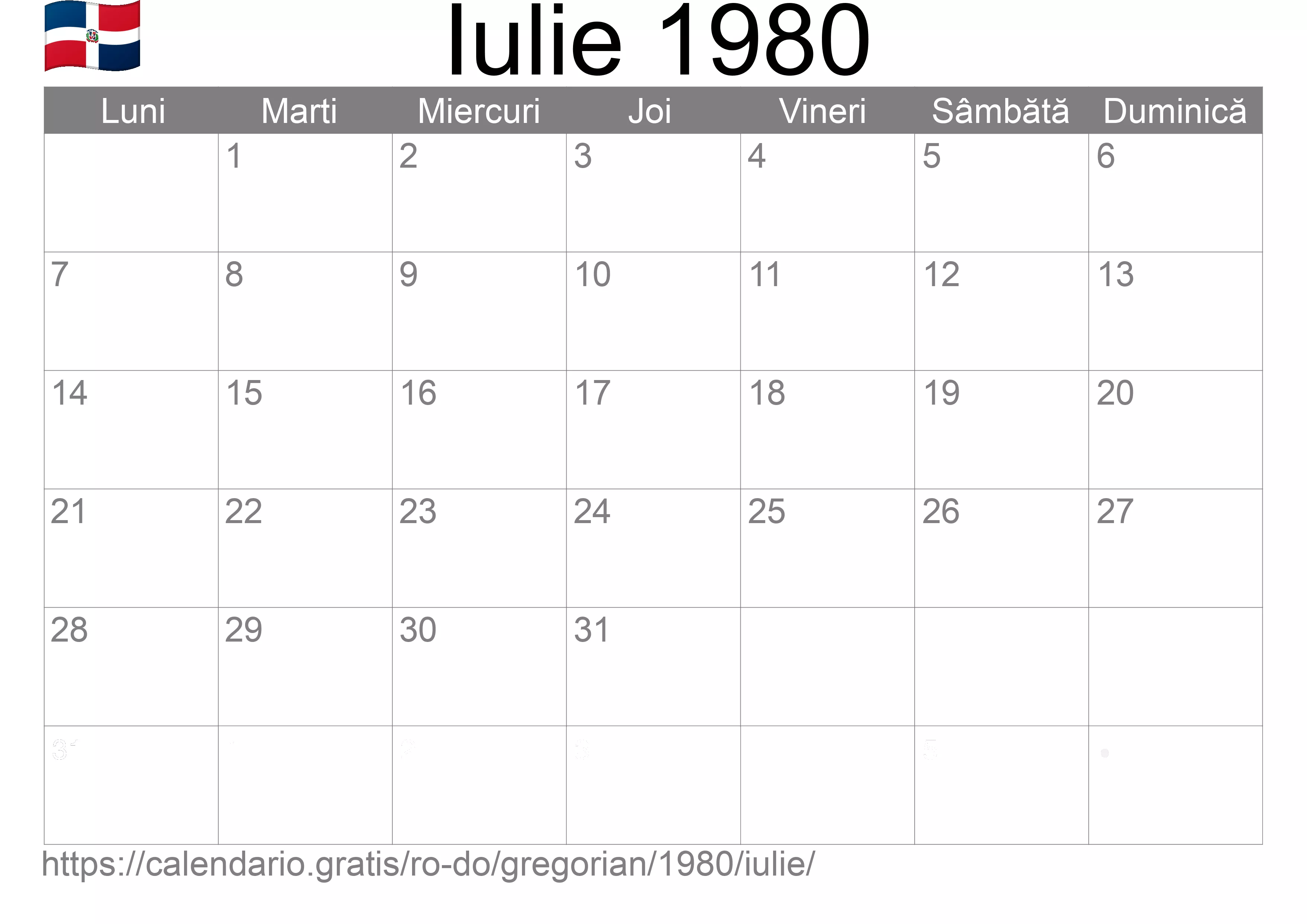 Calendar Iulie 1980 pentru imprimare (Republica Dominicană)