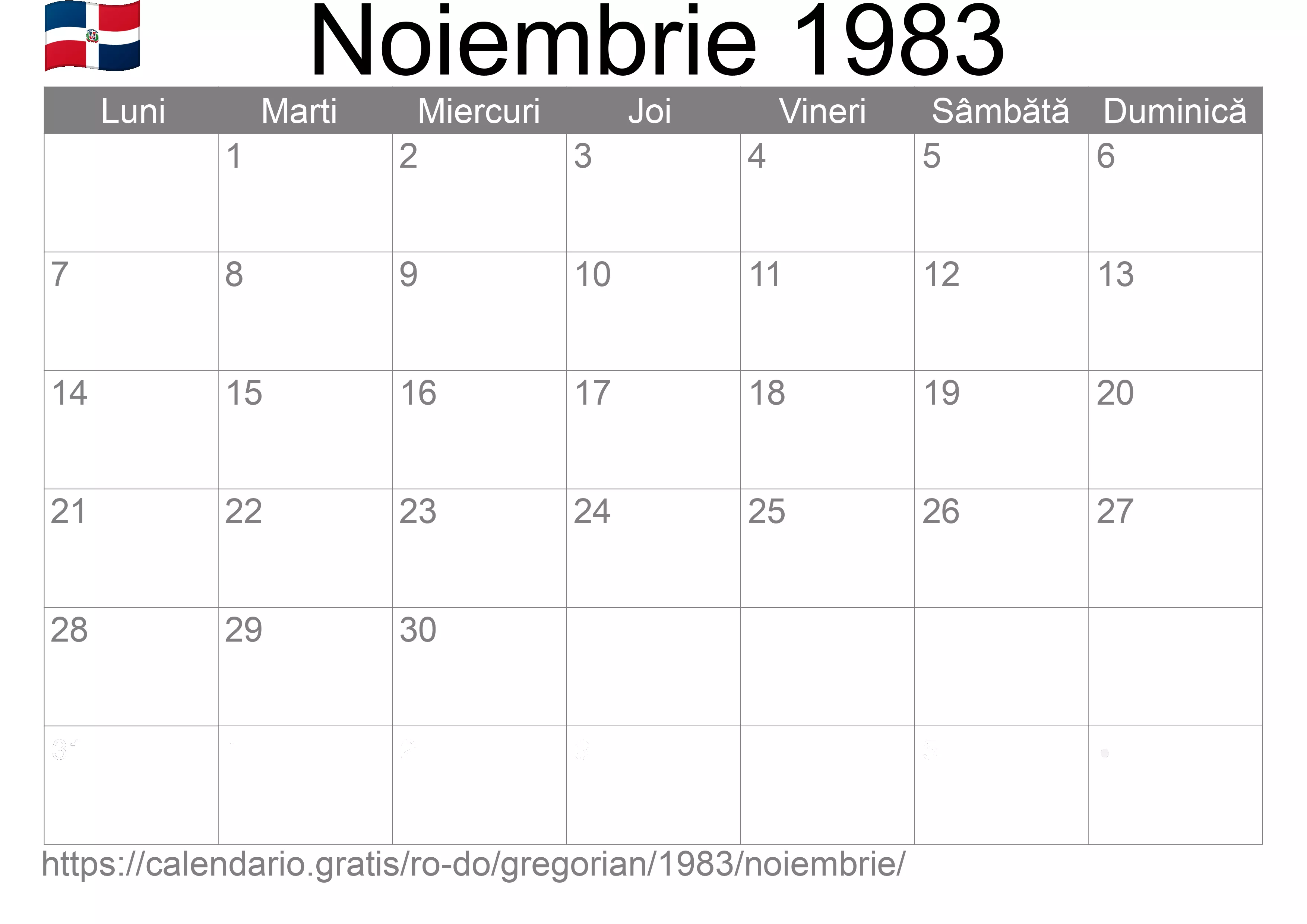 Calendar Noiembrie 1983 pentru imprimare (Republica Dominicană)