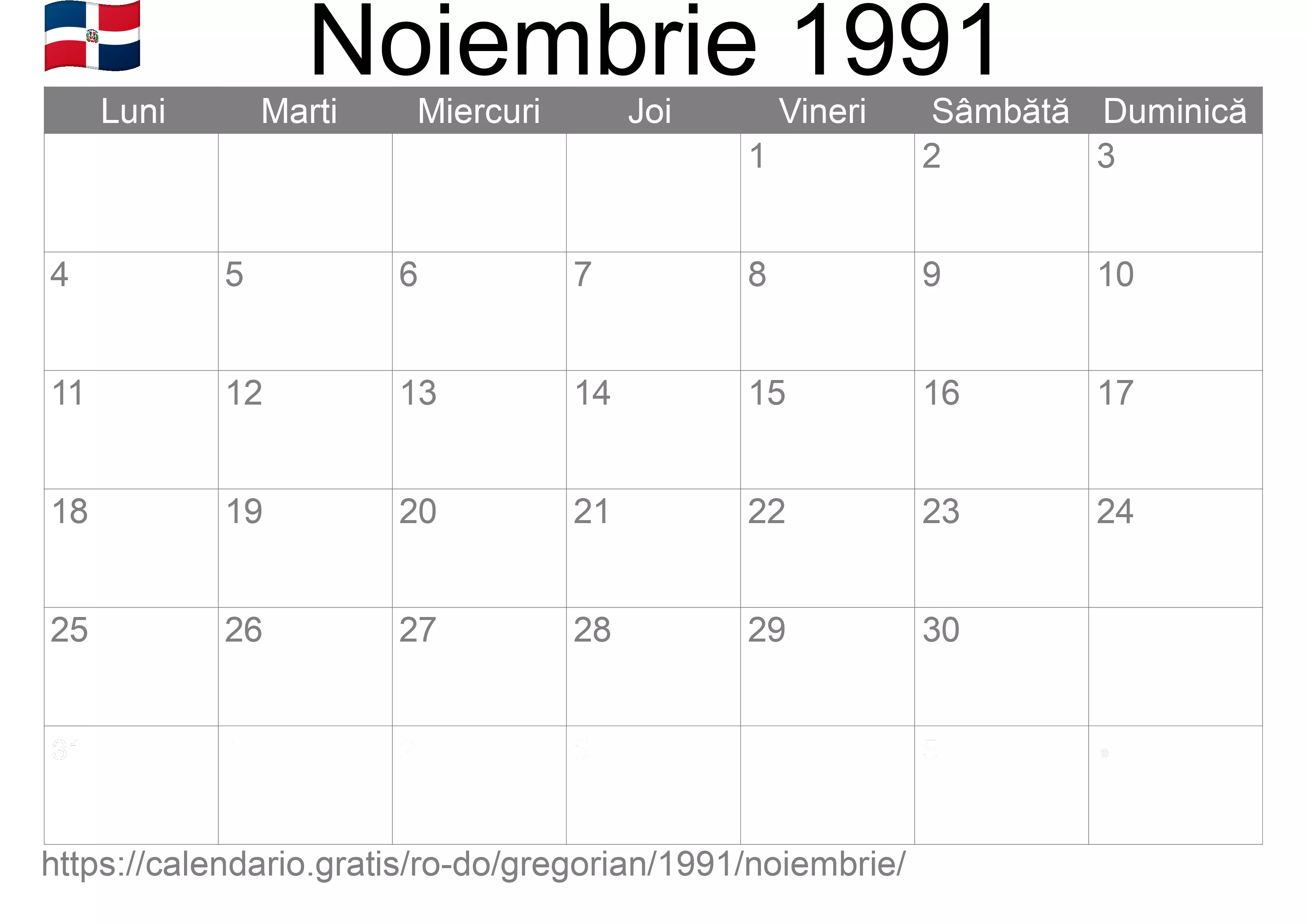 Calendar Noiembrie 1991 pentru imprimare (Republica Dominicană)