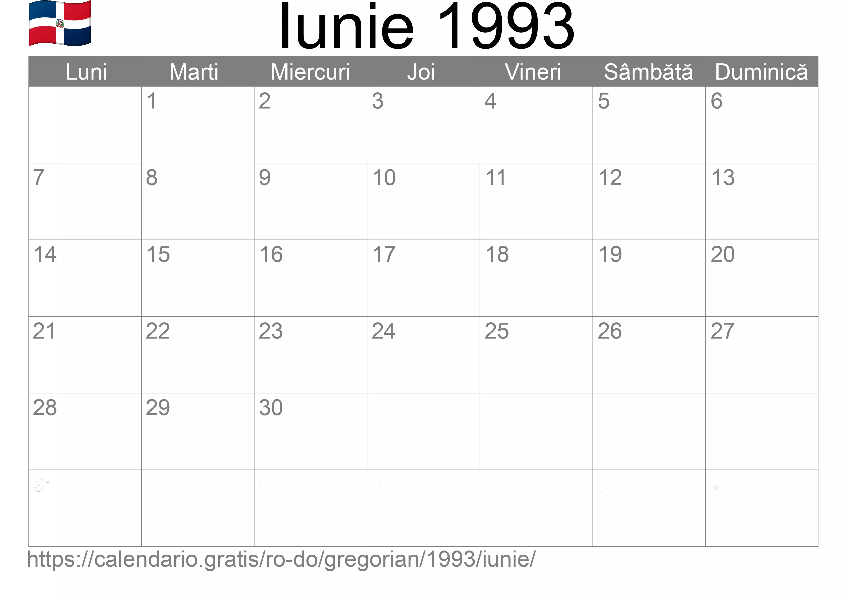 Calendar Iunie 1993 pentru imprimare (Republica Dominicană)