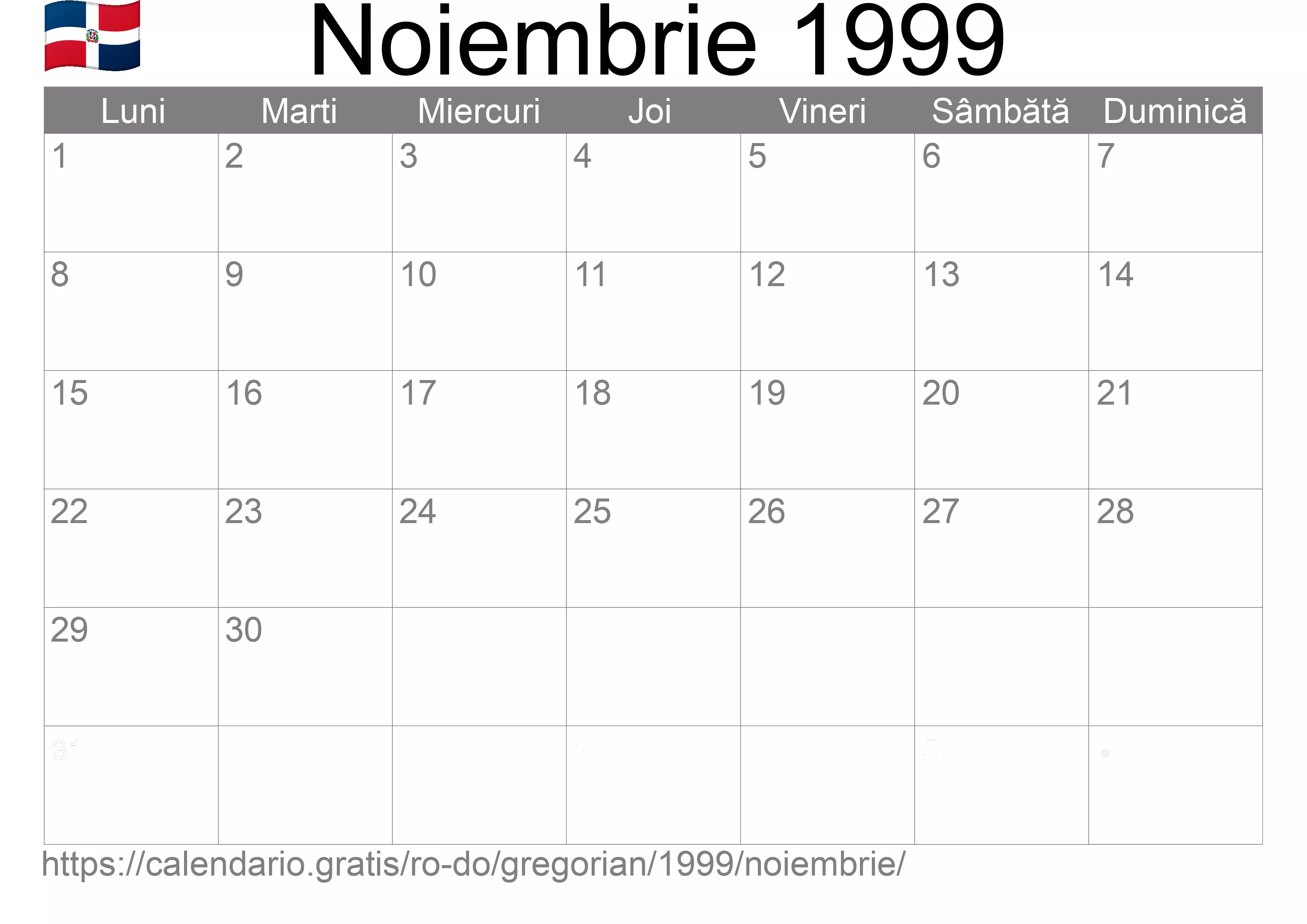 Calendar Noiembrie 1999 pentru imprimare (Republica Dominicană)
