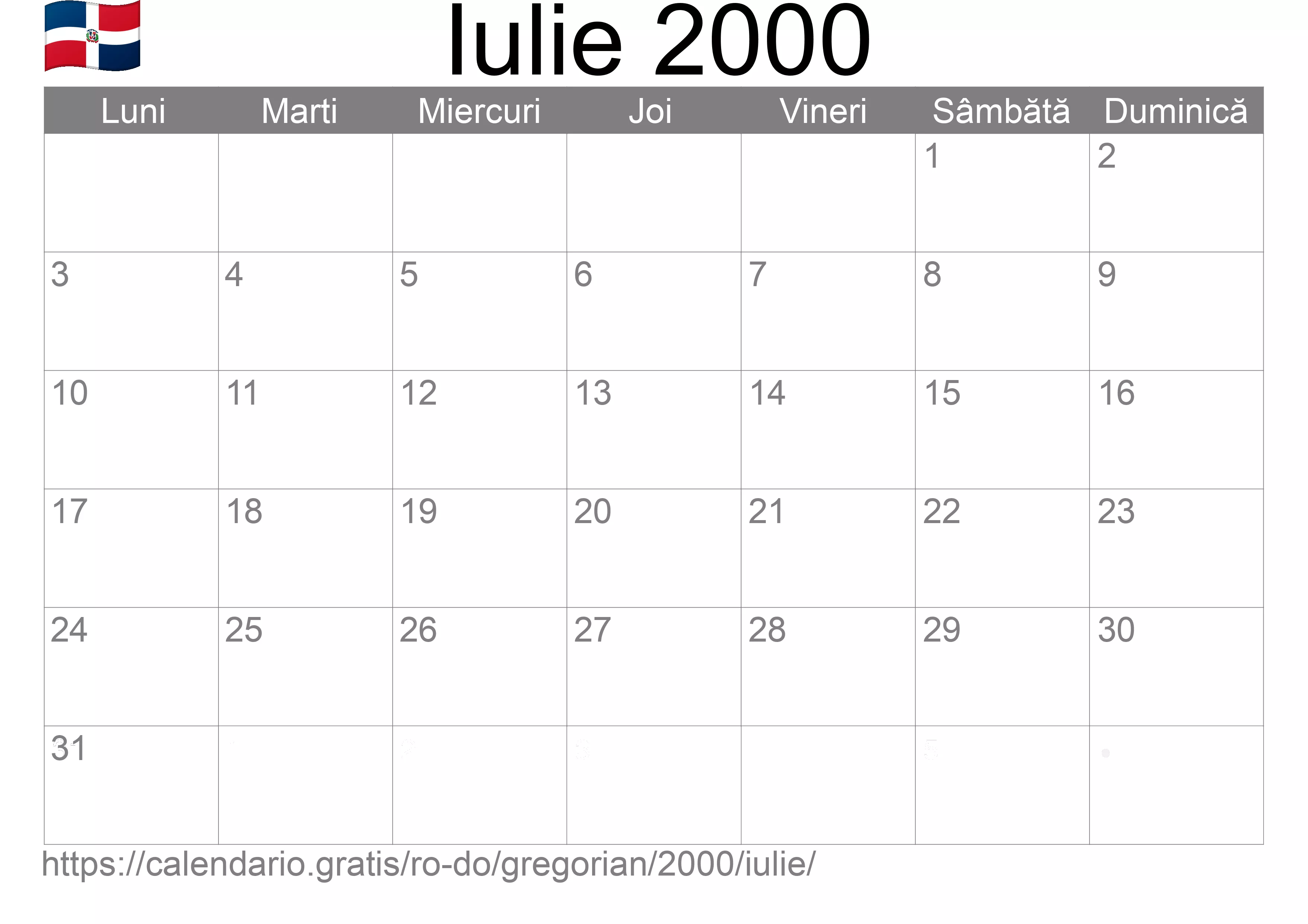 Calendar Iulie 2000 pentru imprimare (Republica Dominicană)