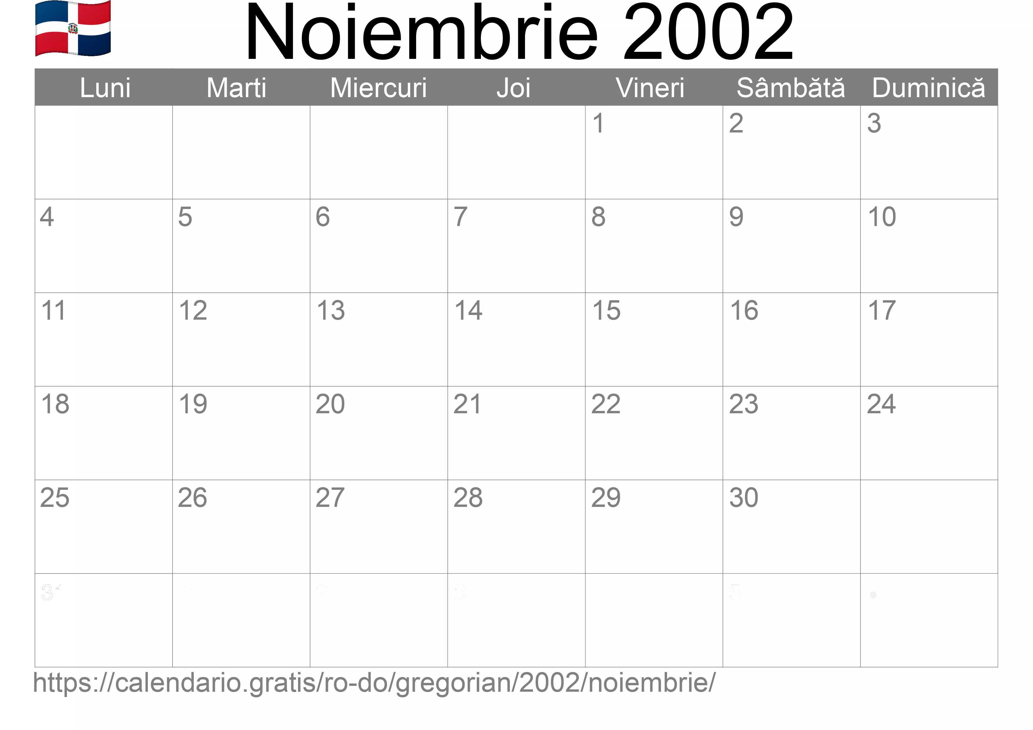 Calendar Noiembrie 2002 pentru imprimare (Republica Dominicană)