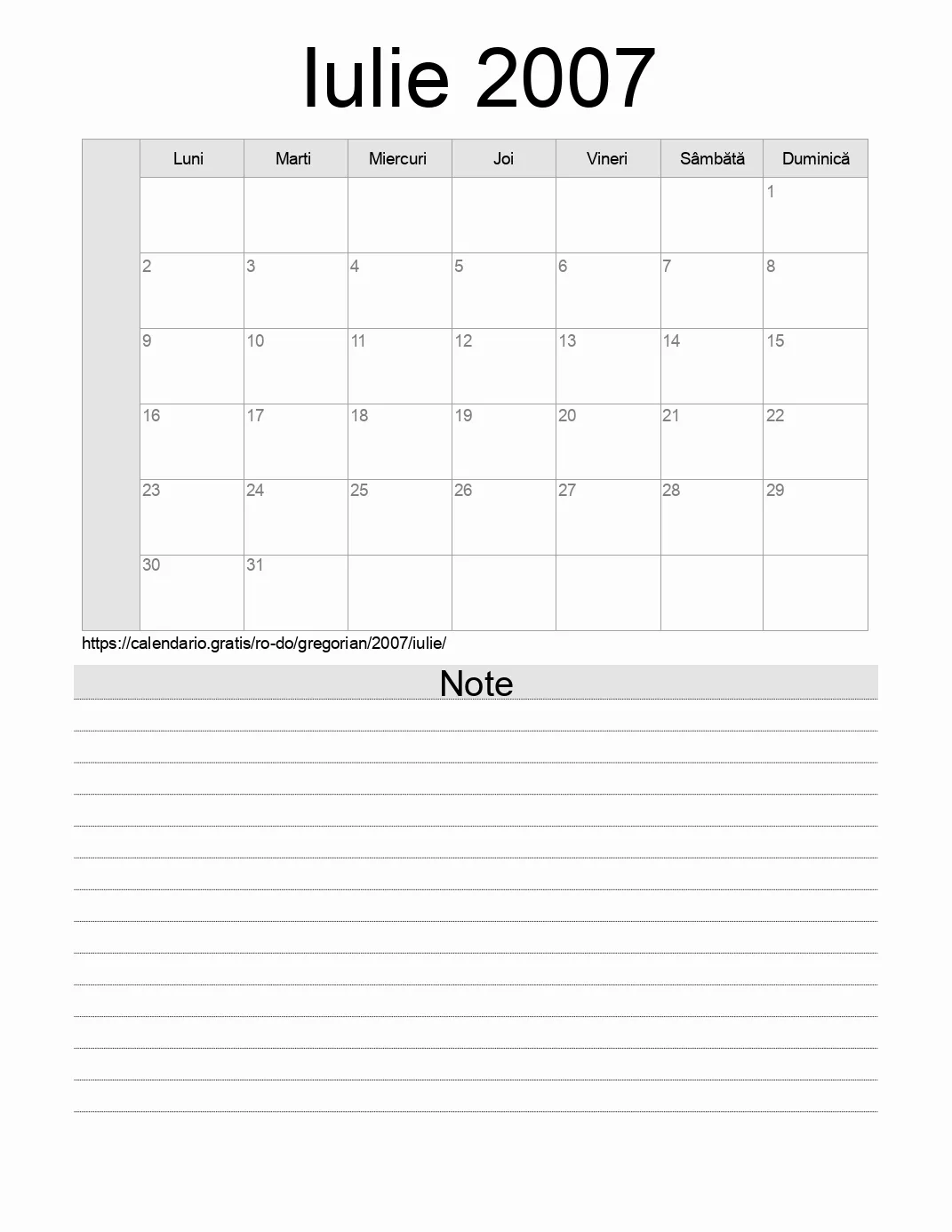 Calendar pentru Iulie 2007 de imprimat cu note. (Republica Dominicană)