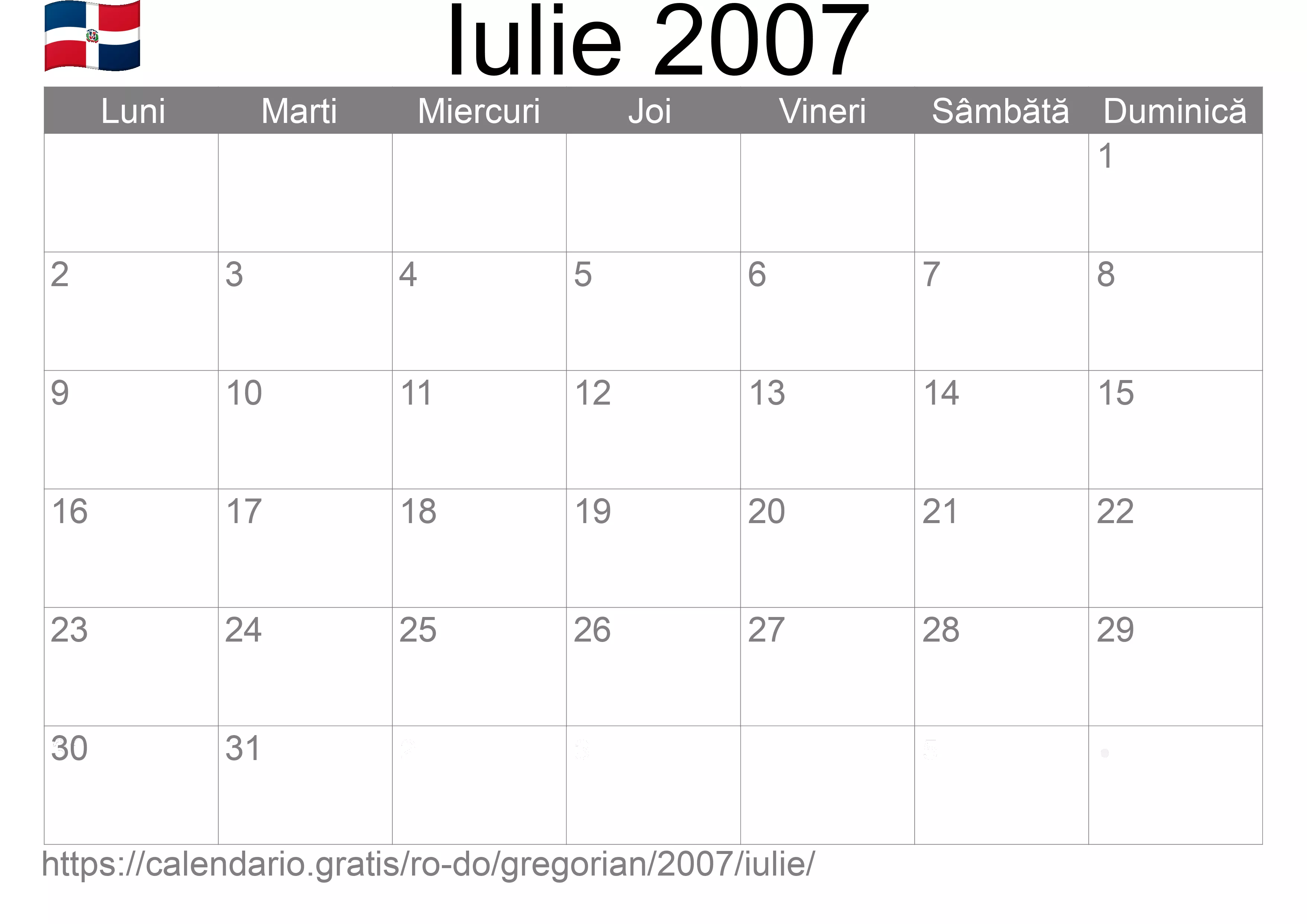 Calendar Iulie 2007 pentru imprimare (Republica Dominicană)