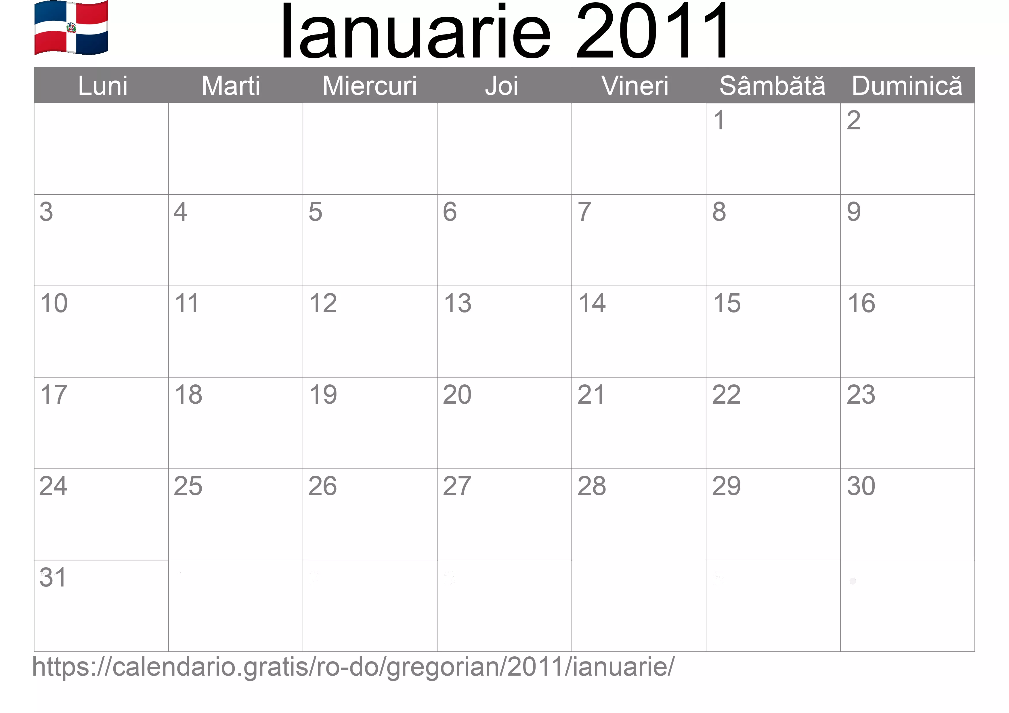 Calendar Ianuarie 2011 pentru imprimare (Republica Dominicană)