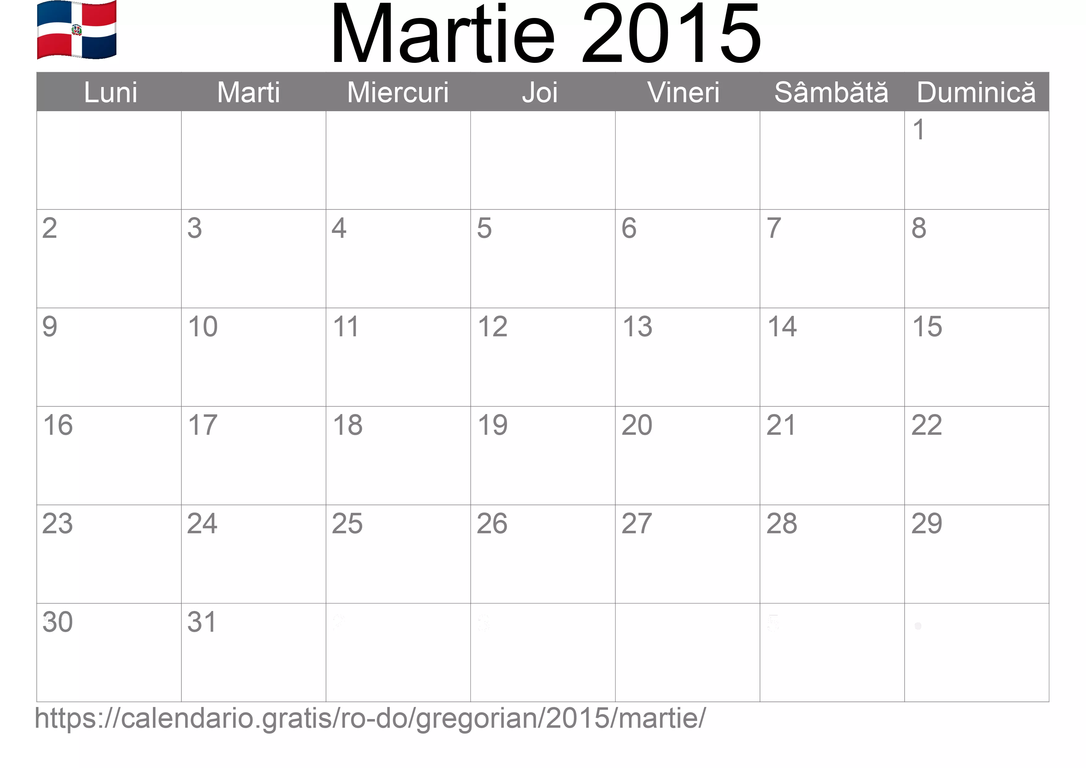 Calendar Martie 2015 pentru imprimare (Republica Dominicană)