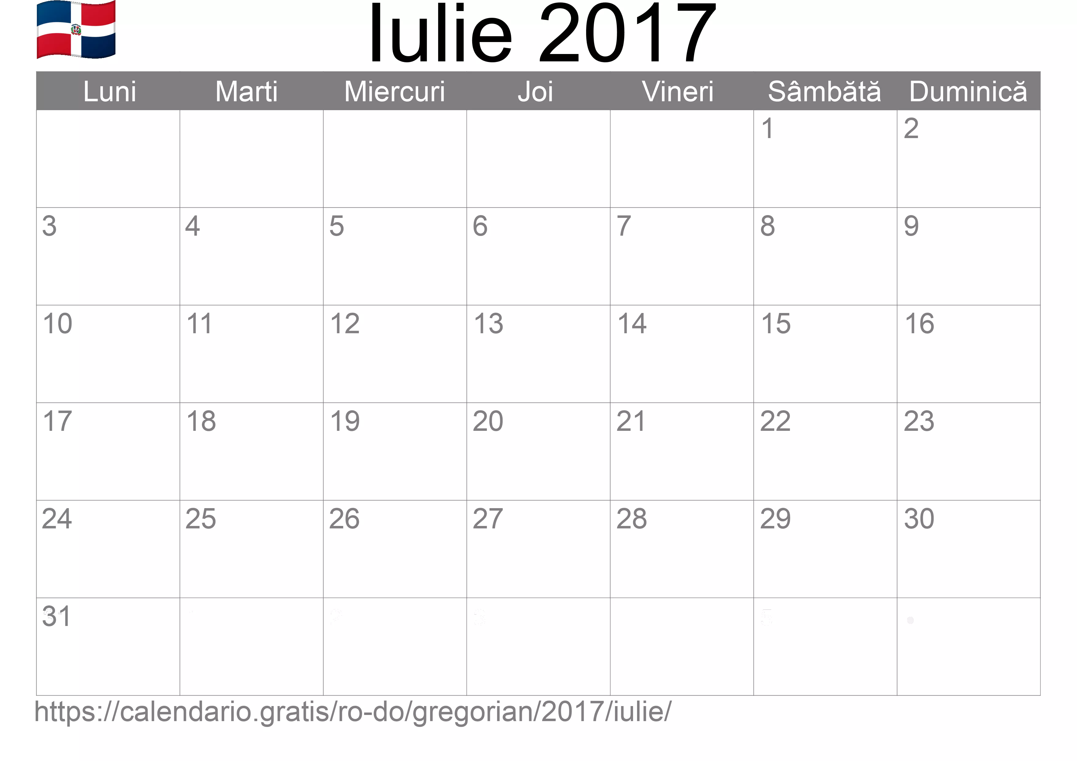 Calendar Iulie 2017 pentru imprimare (Republica Dominicană)