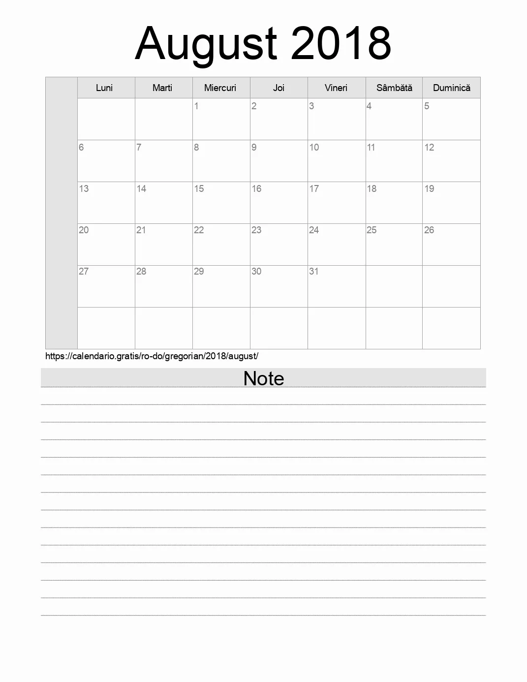 Calendar pentru August 2018 de imprimat cu note. (Republica Dominicană)