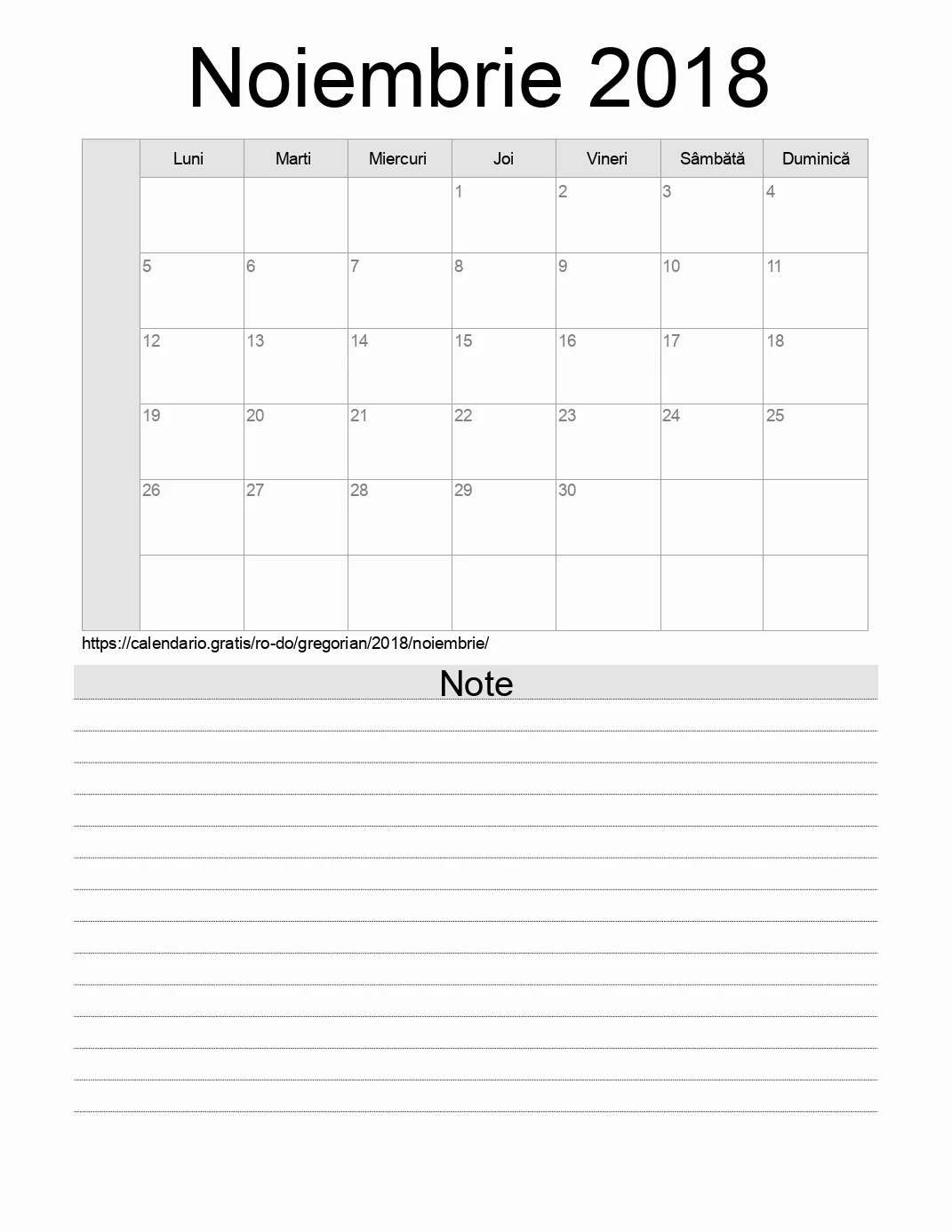 Calendar pentru Noiembrie 2018 de imprimat cu note. (Republica Dominicană)