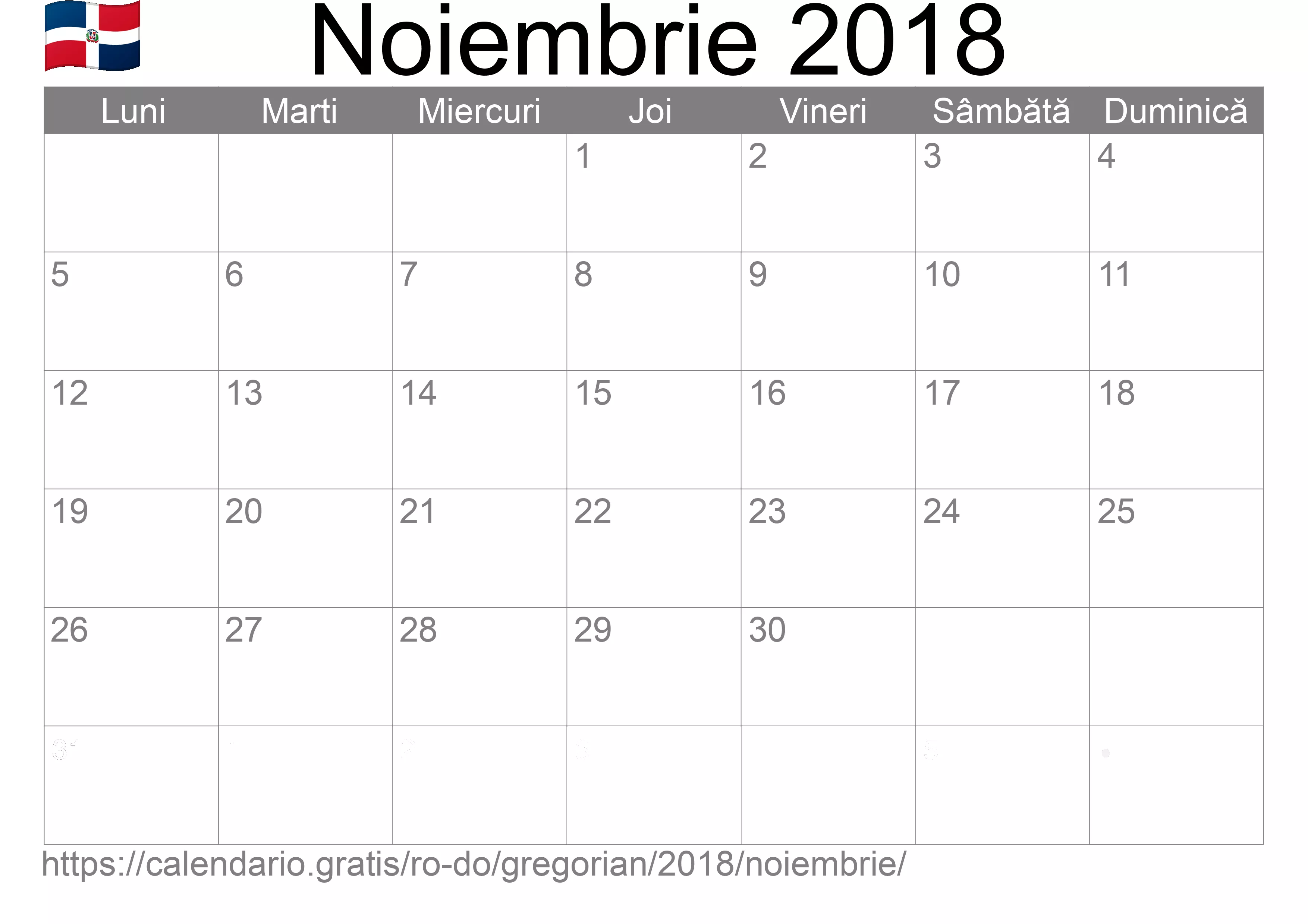 Calendar Noiembrie 2018 pentru imprimare (Republica Dominicană)