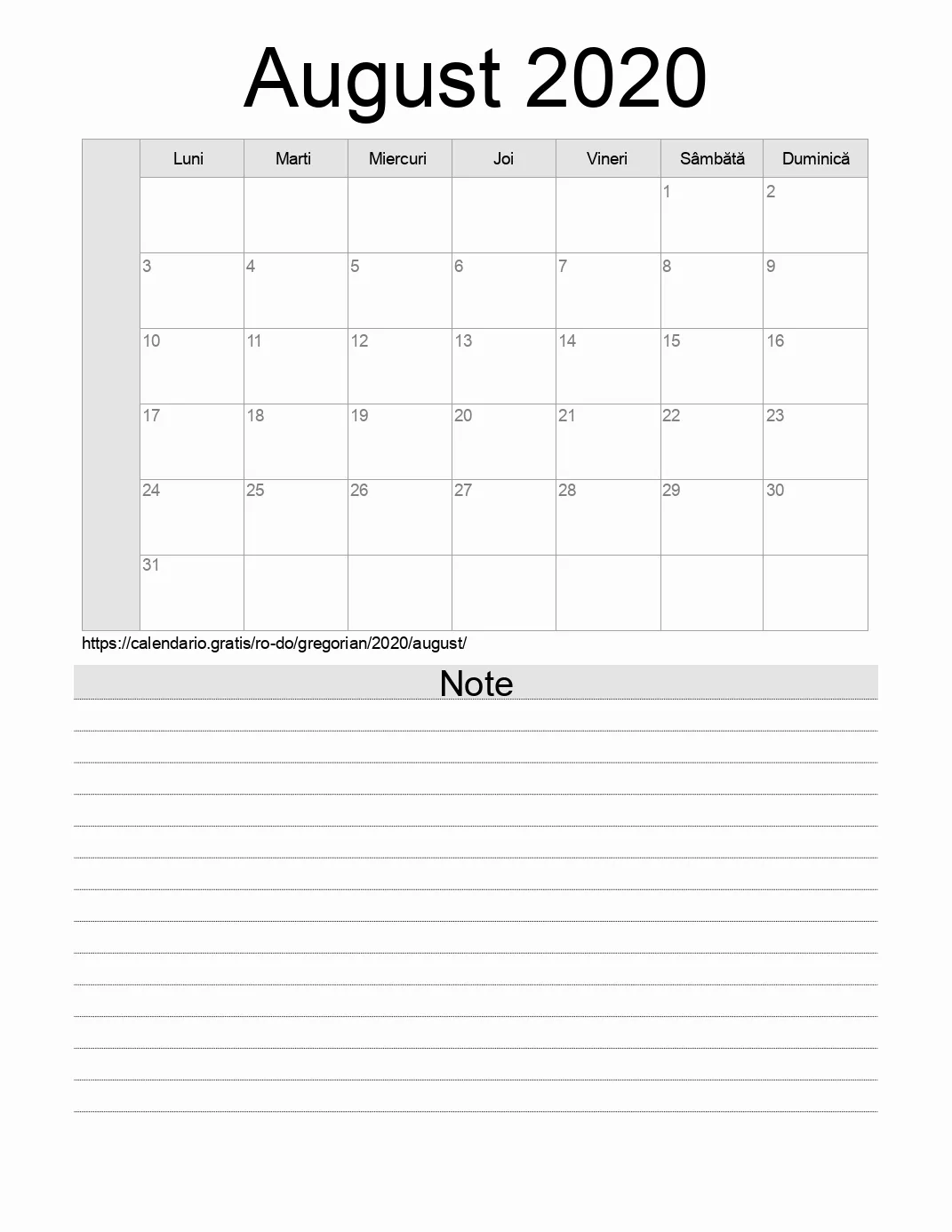 Calendar pentru August 2020 de imprimat cu note. (Republica Dominicană)