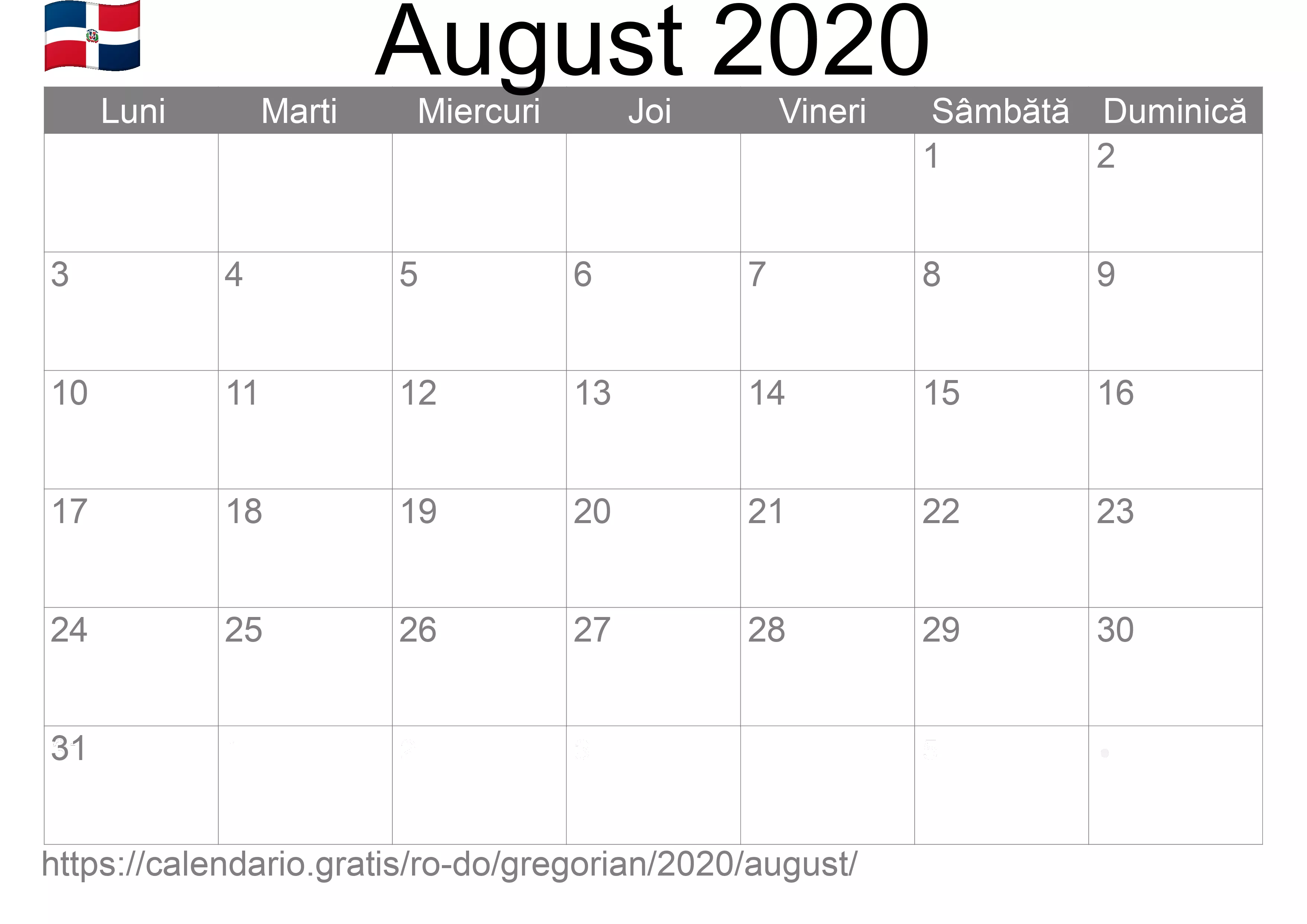 Calendar August 2020 pentru imprimare (Republica Dominicană)