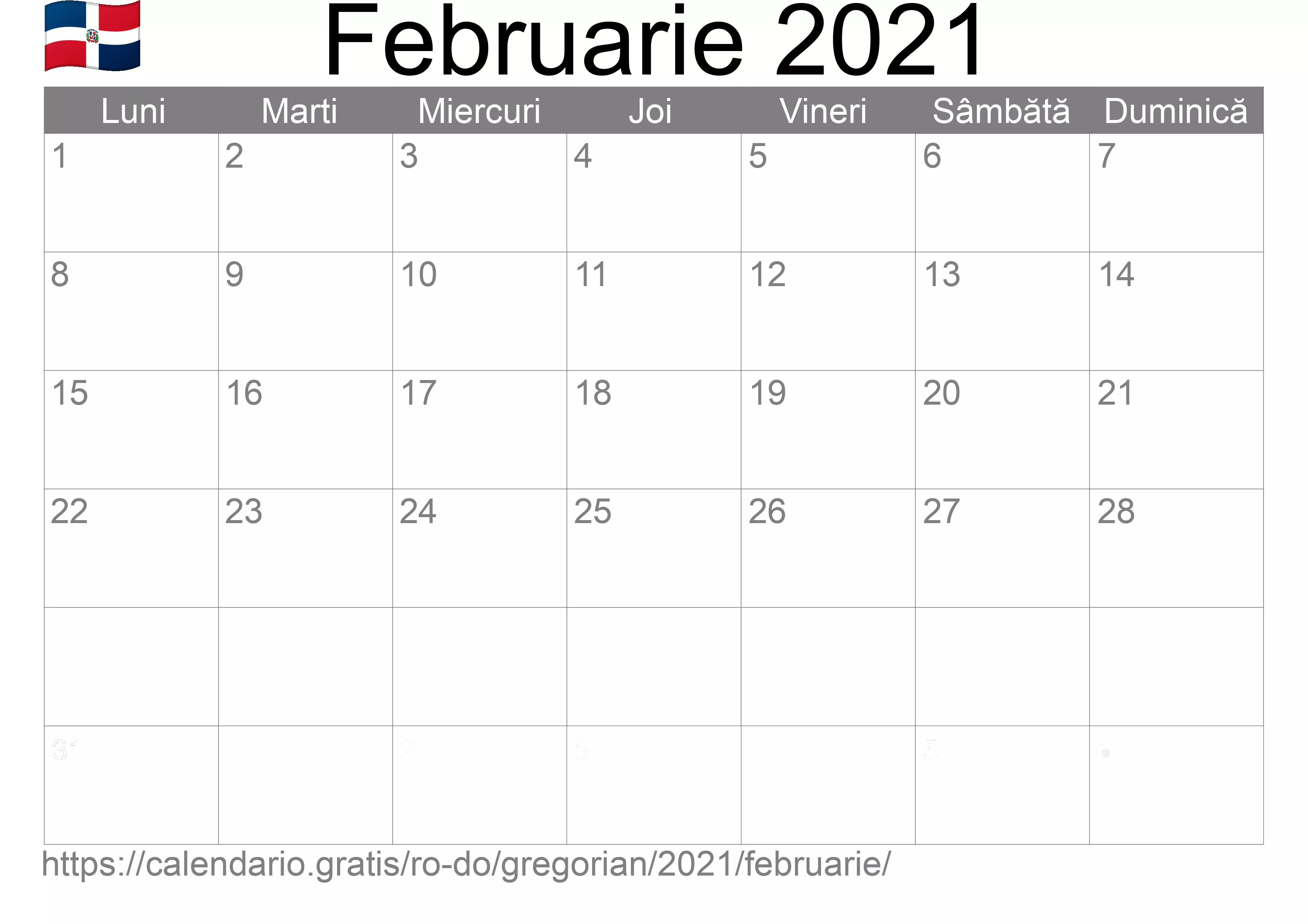 Calendar Februarie 2021 pentru imprimare (Republica Dominicană) Calendar Februarie 2021 pentru imprimare (Republica Dominicană)