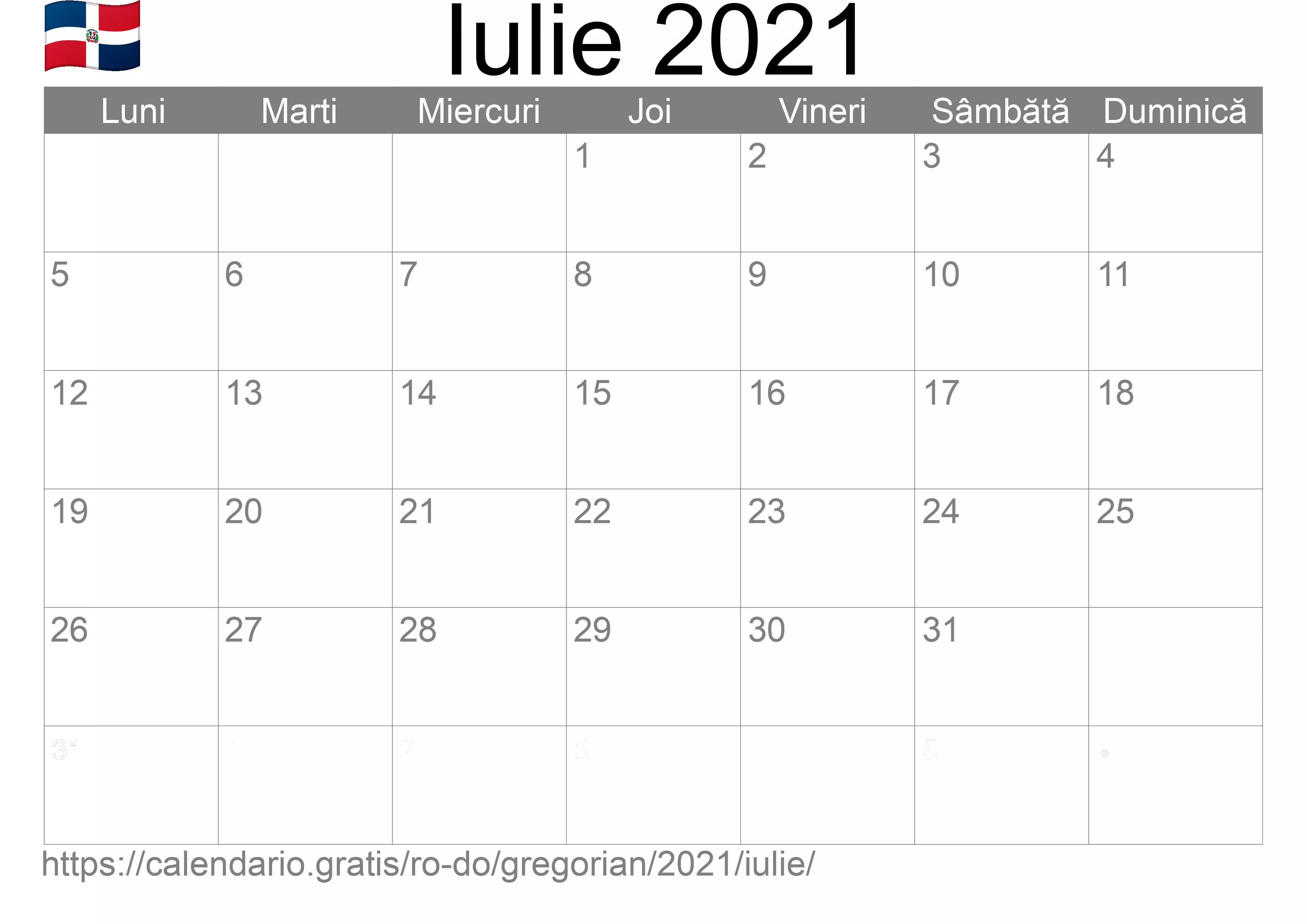 Calendar Iulie 2021 pentru imprimare (Republica Dominicană)
