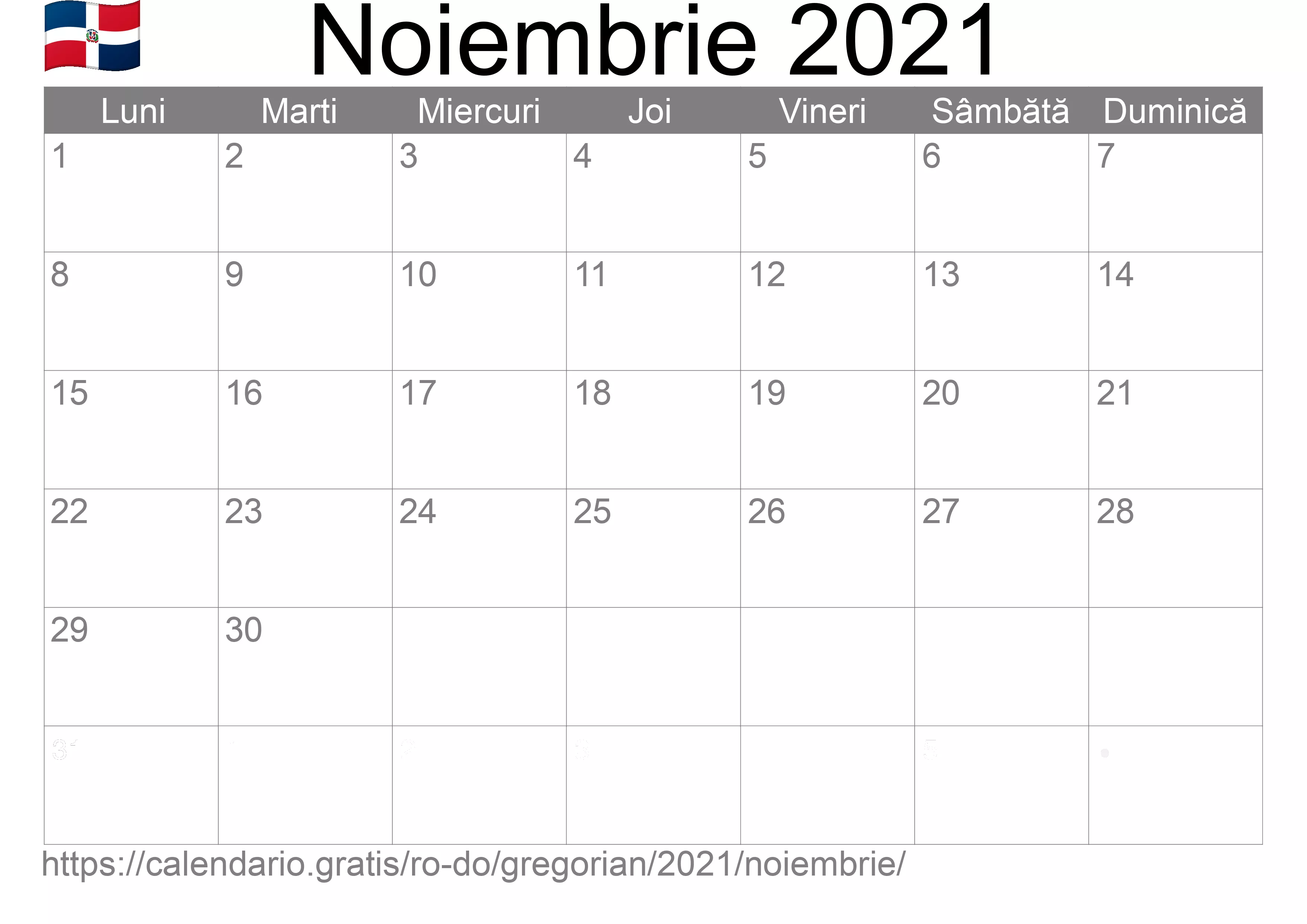Calendar Noiembrie 2021 pentru imprimare (Republica Dominicană)