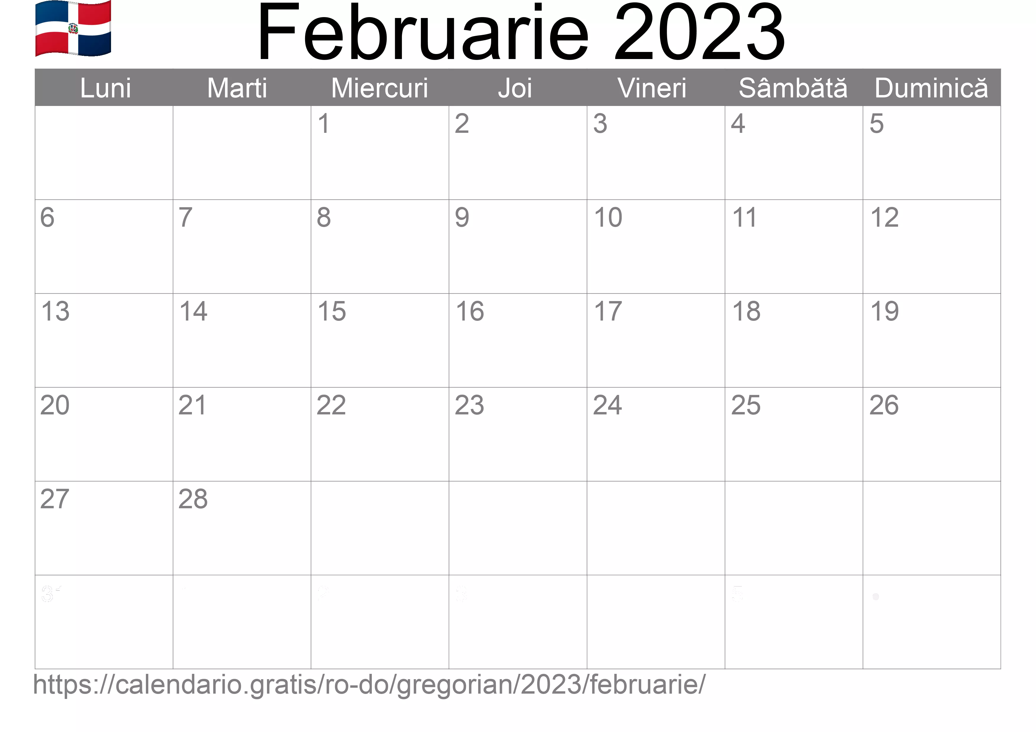 Calendar Februarie 2023 pentru imprimare (Republica Dominicană) Calendar Februarie 2023 pentru imprimare (Republica Dominicană)