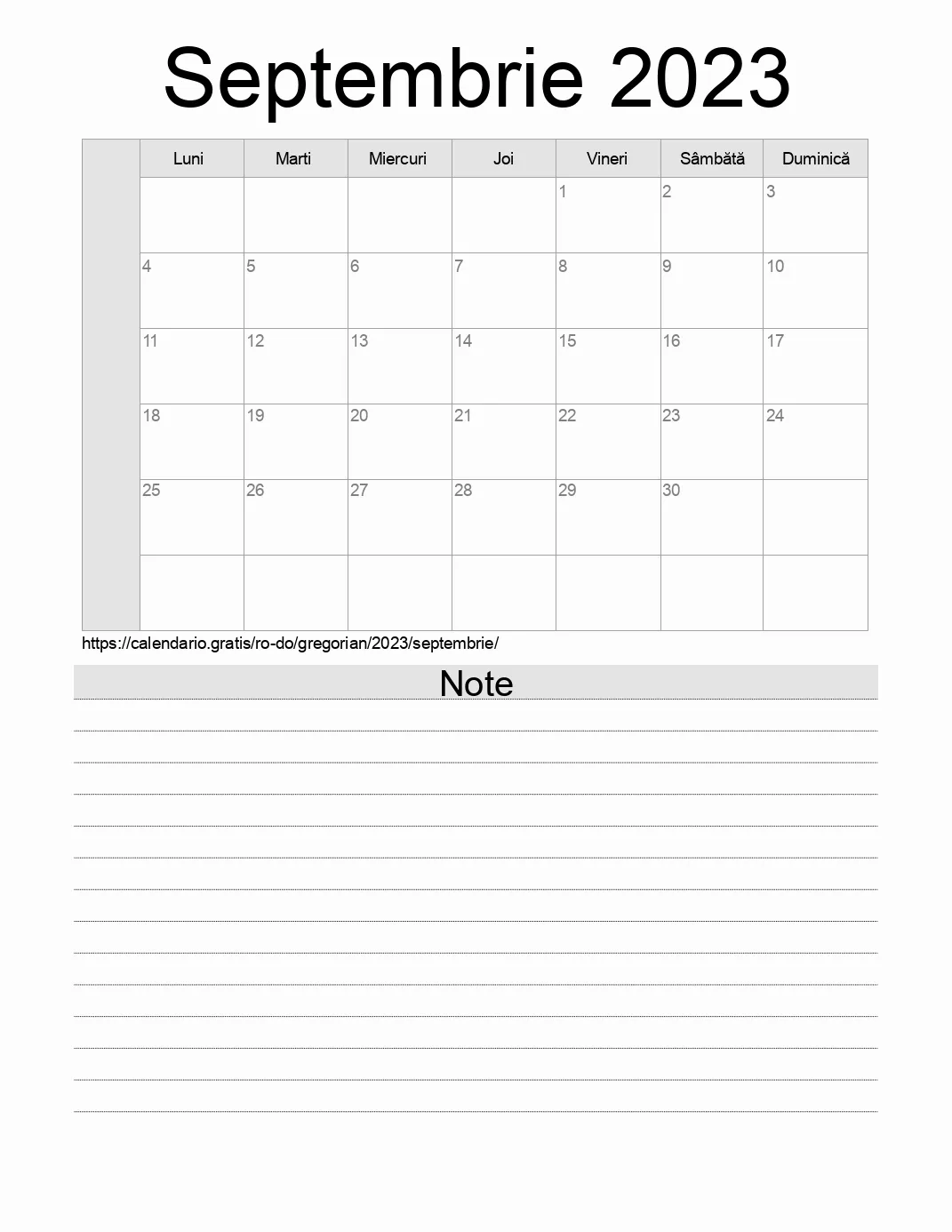 Calendar pentru Septembrie 2023 de imprimat cu note. (Republica Dominicană)