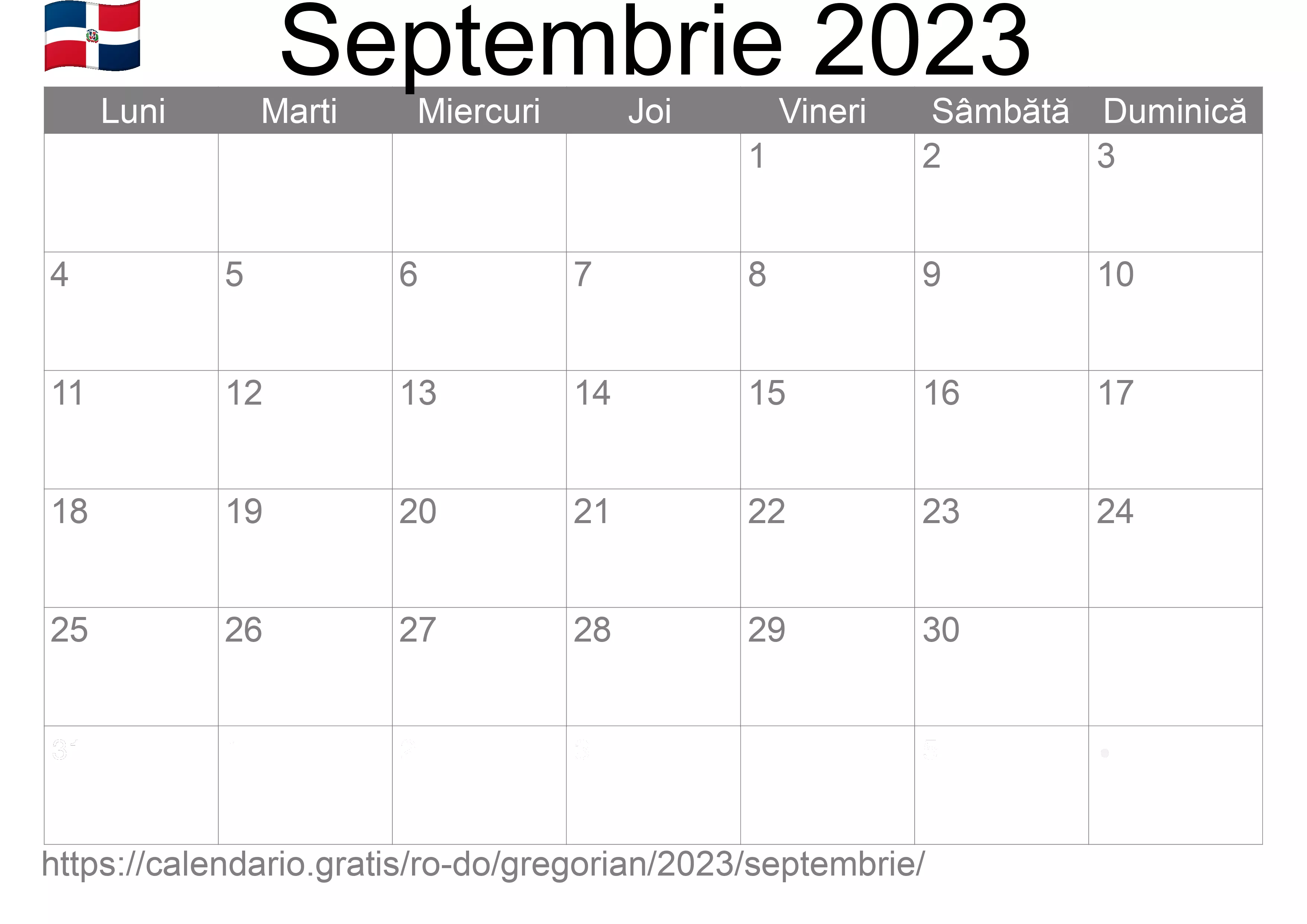 Calendar Septembrie 2023 pentru imprimare (Republica Dominicană)