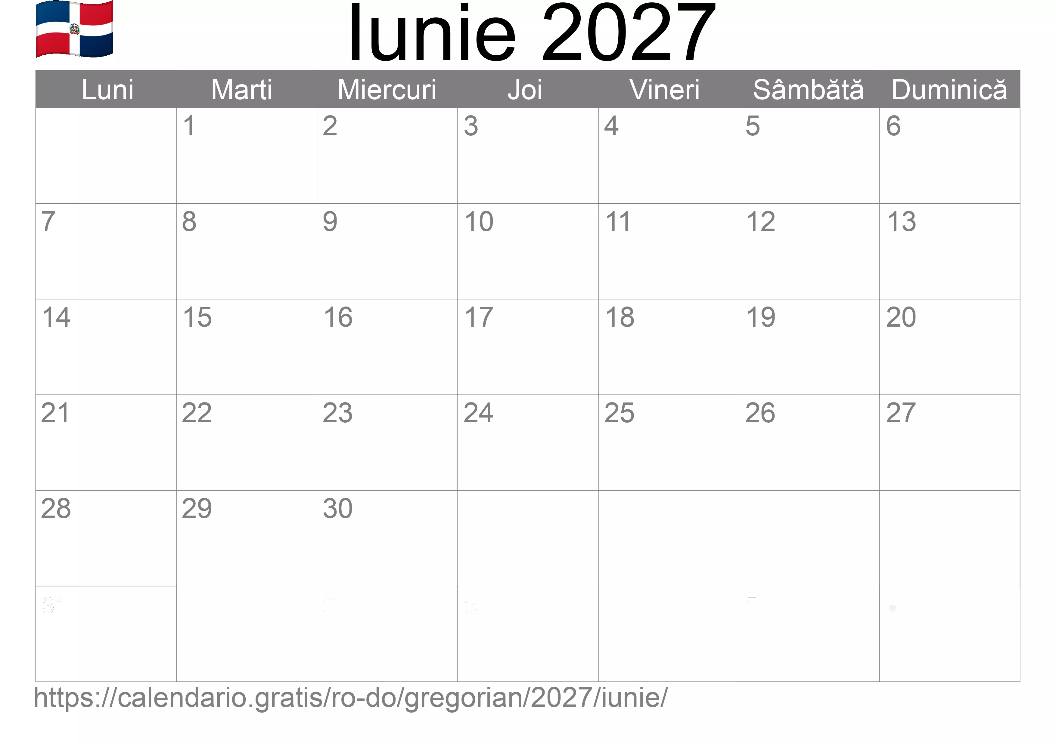 Calendar Iunie 2027 pentru imprimare (Republica Dominicană)