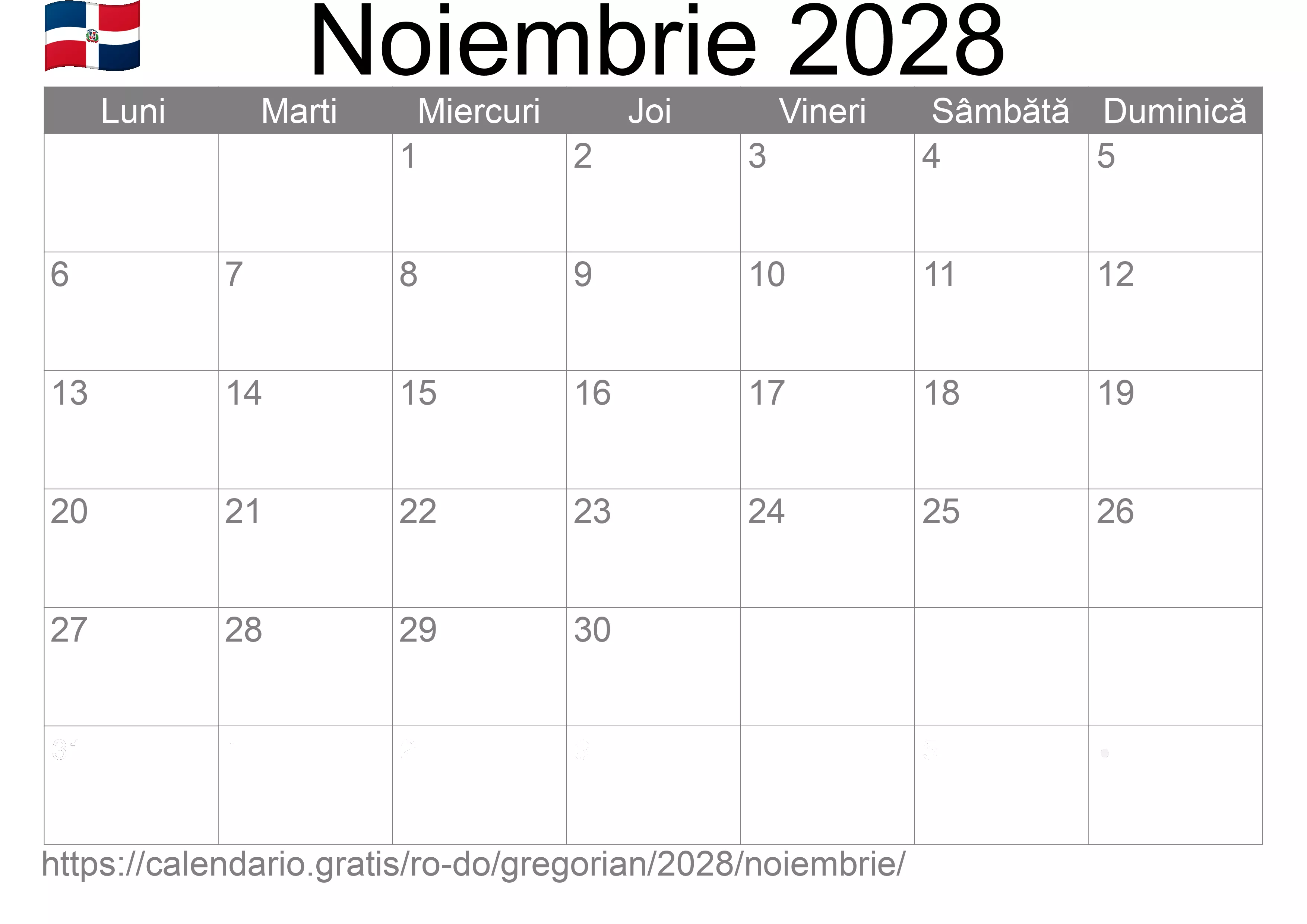 Calendar Noiembrie 2028 pentru imprimare (Republica Dominicană)