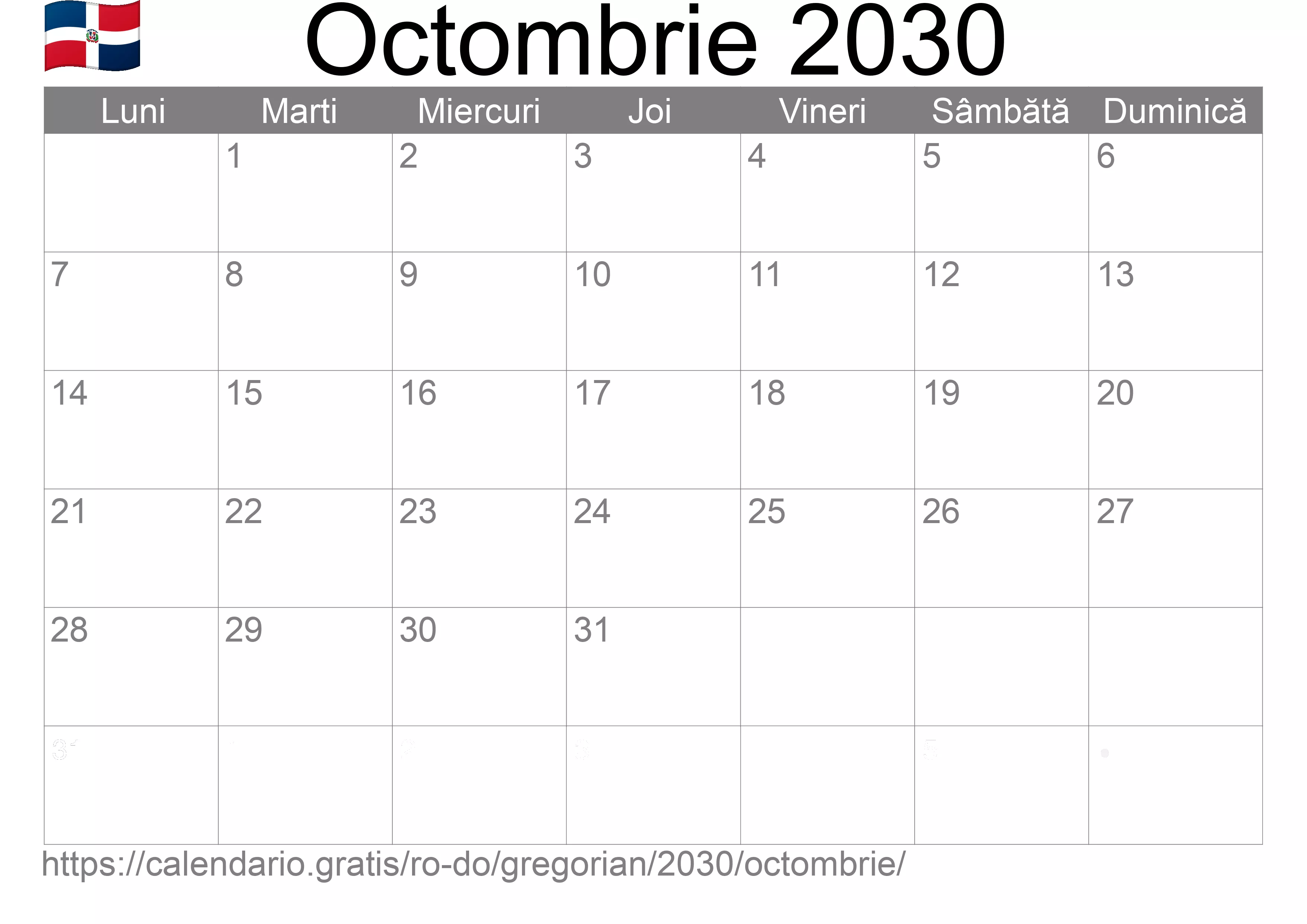 Calendar Octombrie 2030 pentru imprimare (Republica Dominicană) Calendar Octombrie 2030 pentru imprimare (Republica Dominicană)