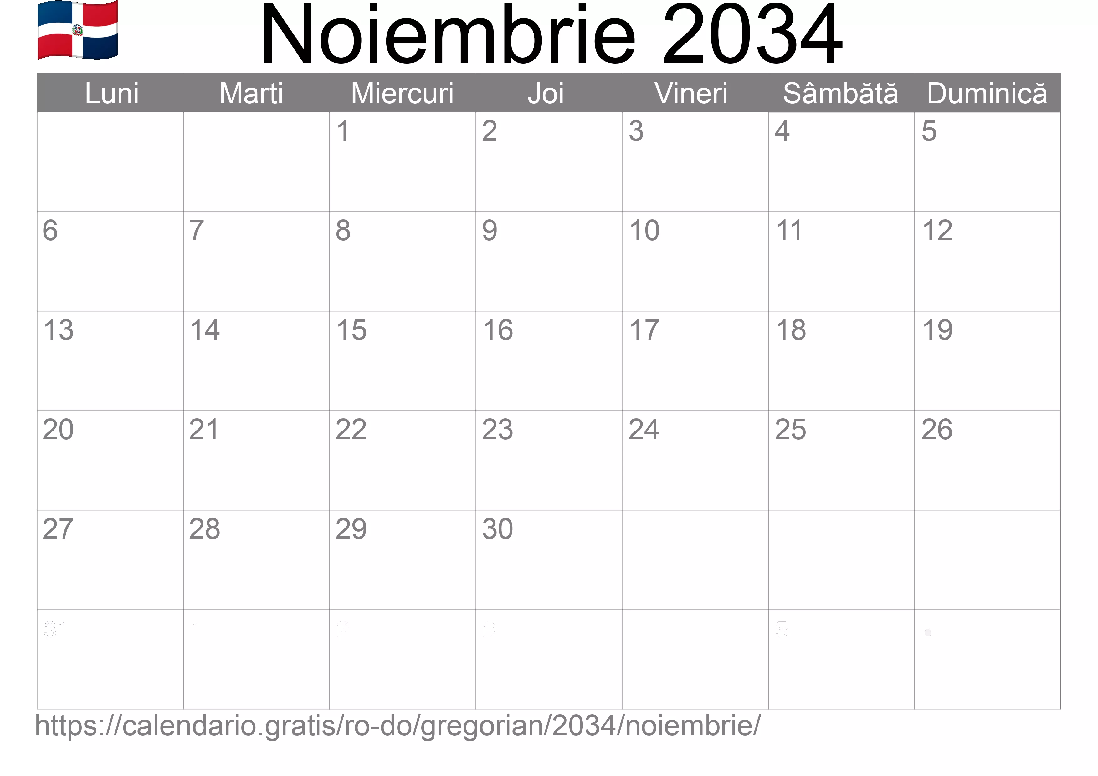 Calendar Noiembrie 2034 pentru imprimare (Republica Dominicană)