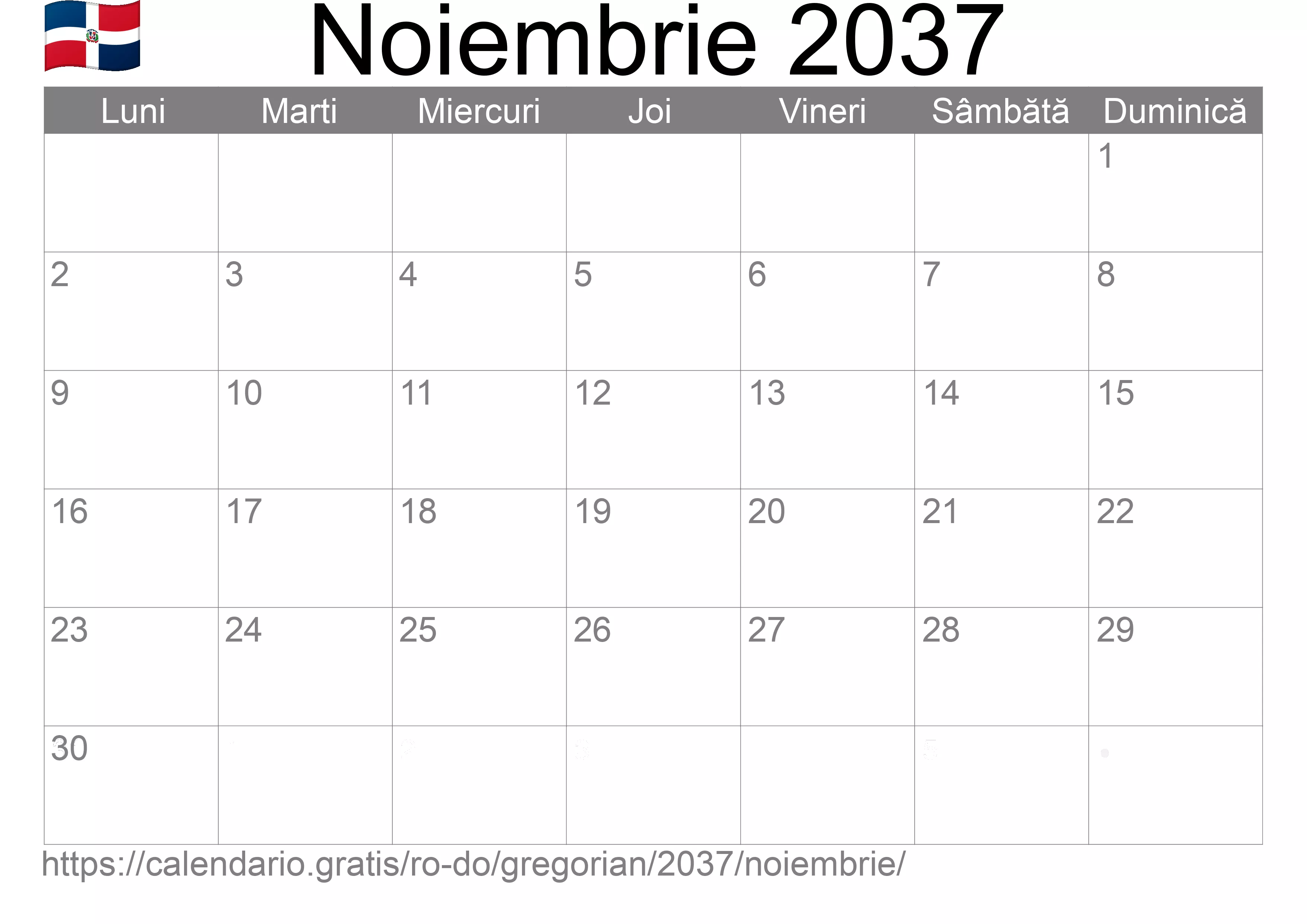Calendar Noiembrie 2037 pentru imprimare (Republica Dominicană)