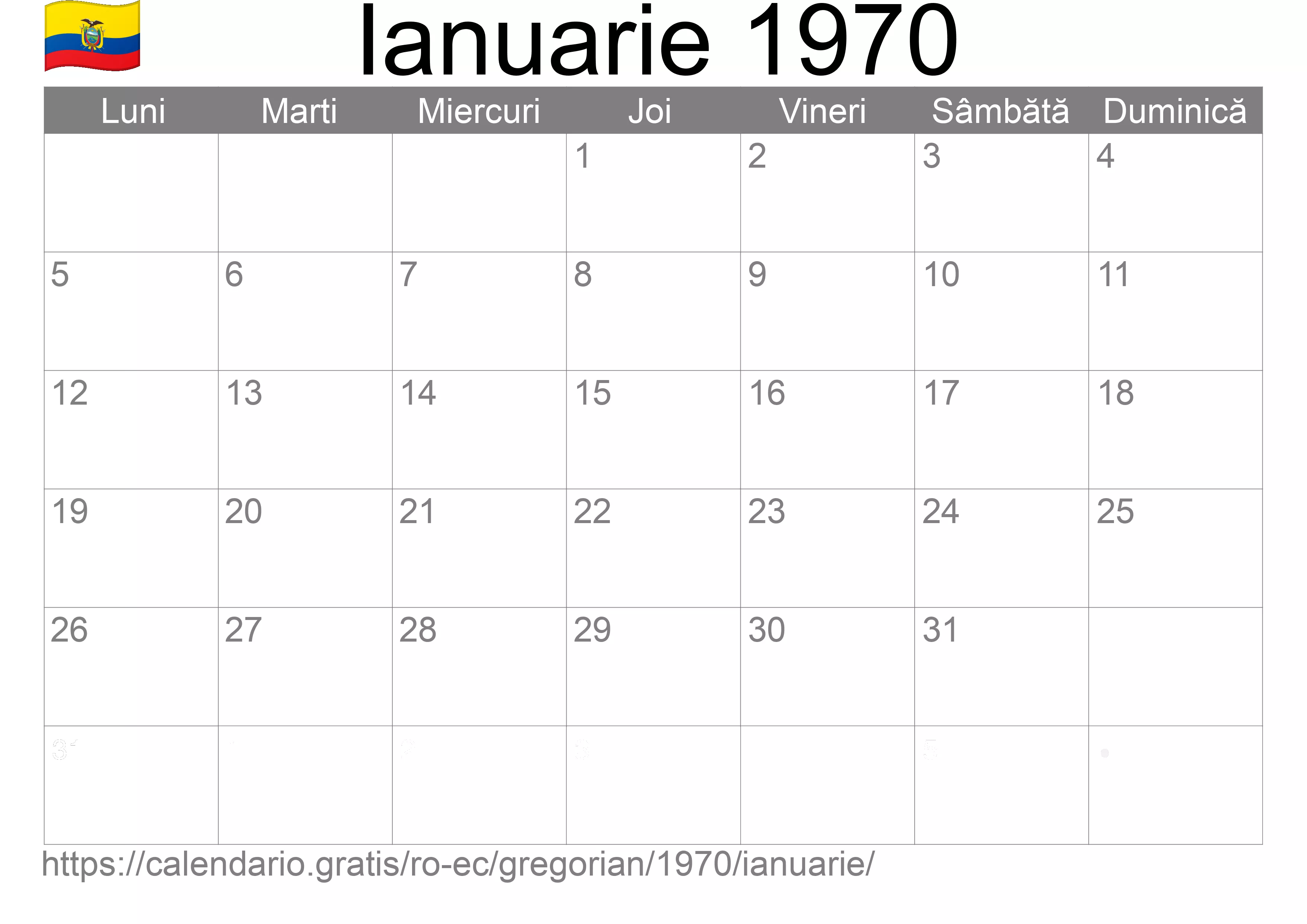 Calendar Ianuarie 1970 pentru imprimare (Ecuador)