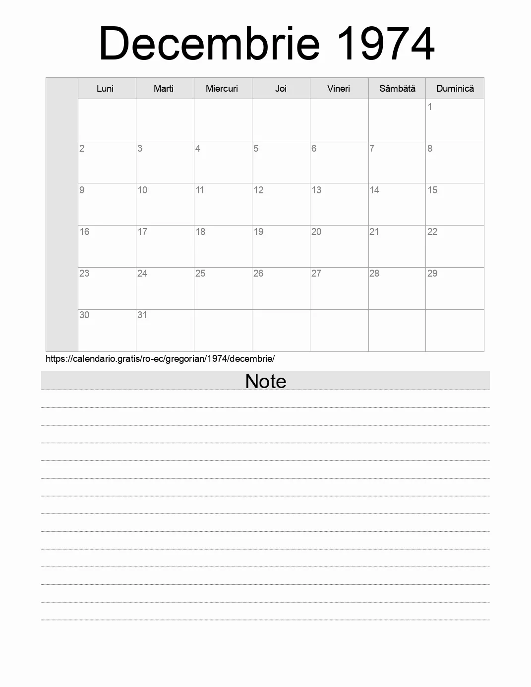Calendar pentru Decembrie 1974 de imprimat cu note. (Ecuador) Calendar pentru Decembrie 1974 de imprimat cu note. (Ecuador)