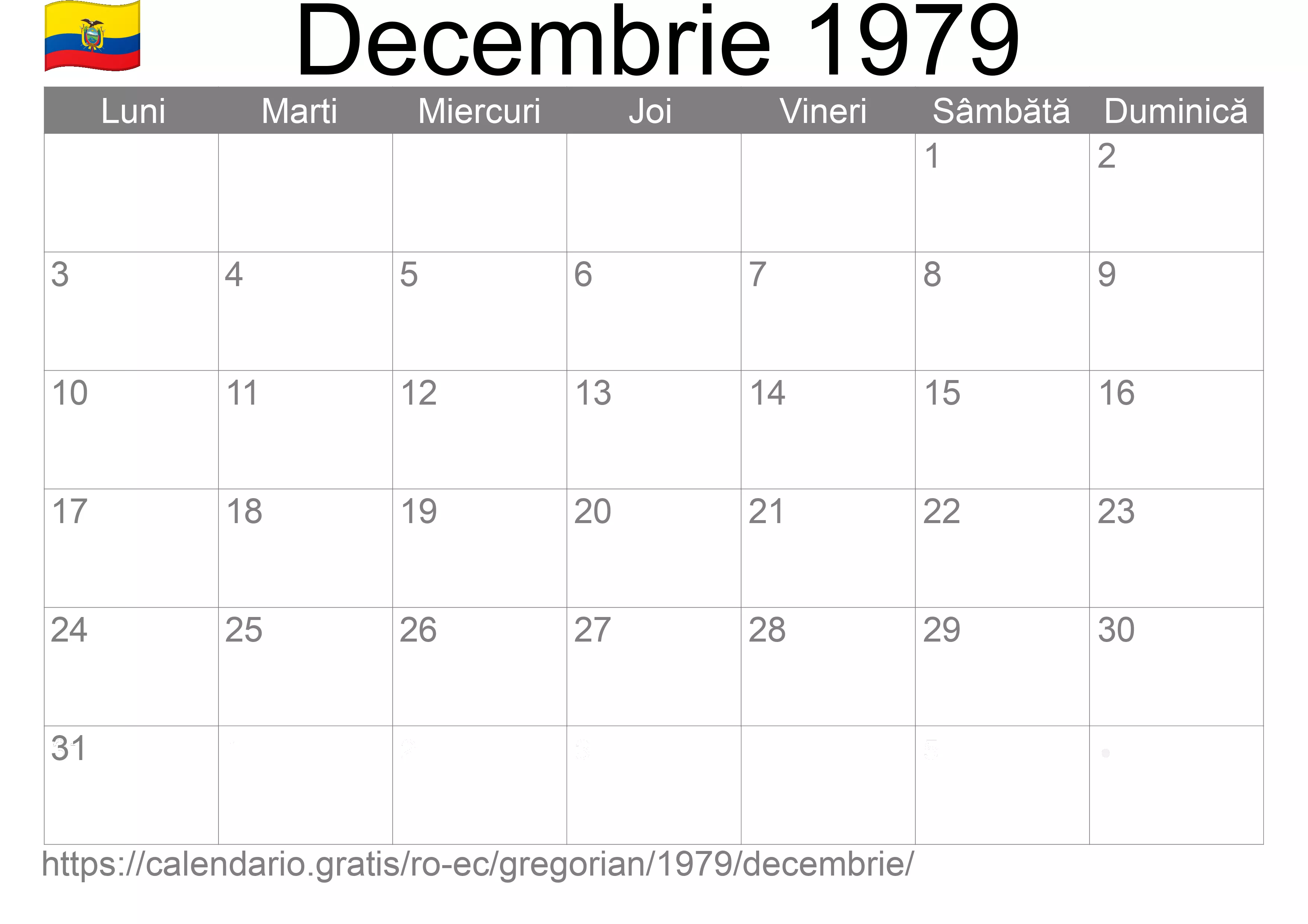 Calendar Decembrie 1979 pentru imprimare (Ecuador) Calendar Decembrie 1979 pentru imprimare (Ecuador)