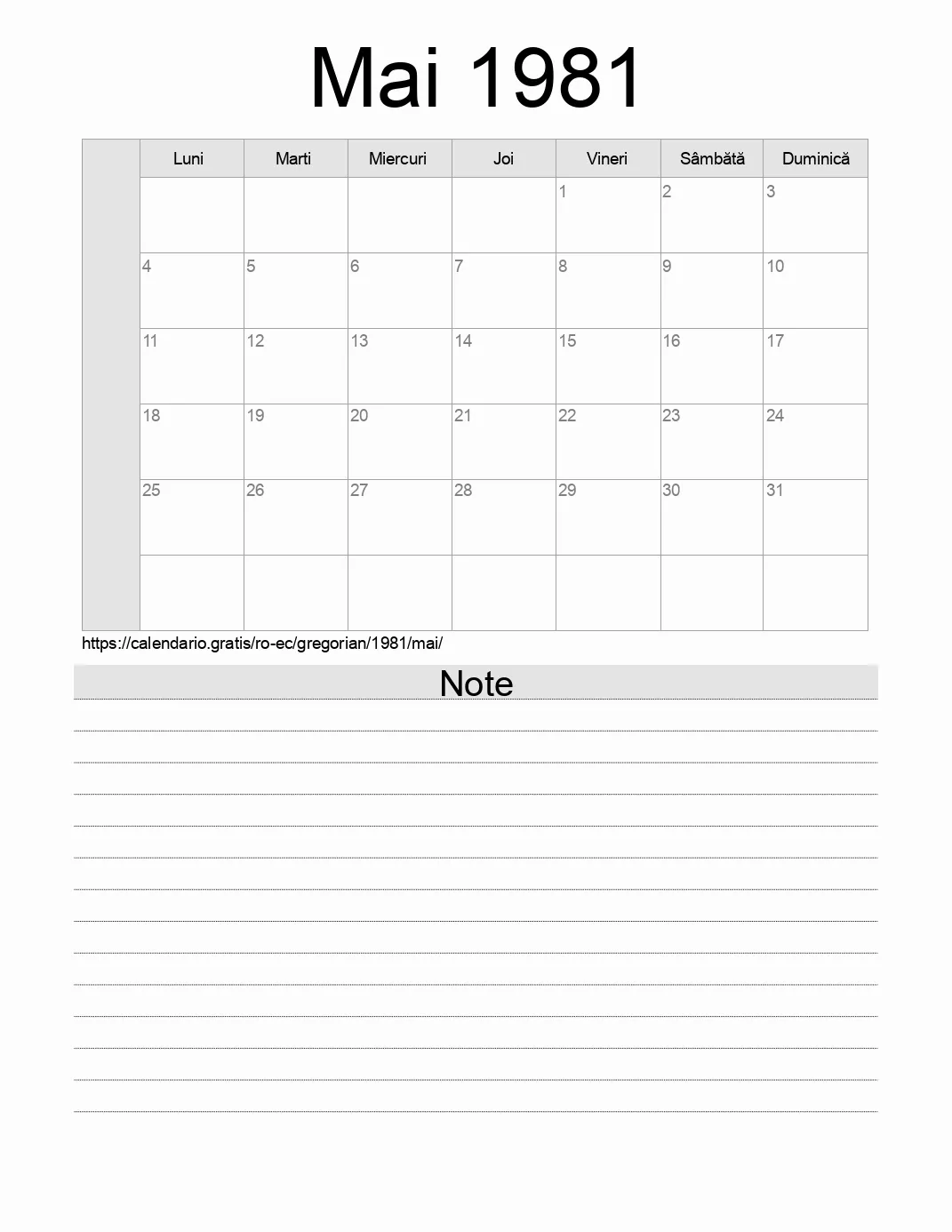 Calendar pentru Mai 1981 de imprimat cu note. (Ecuador)