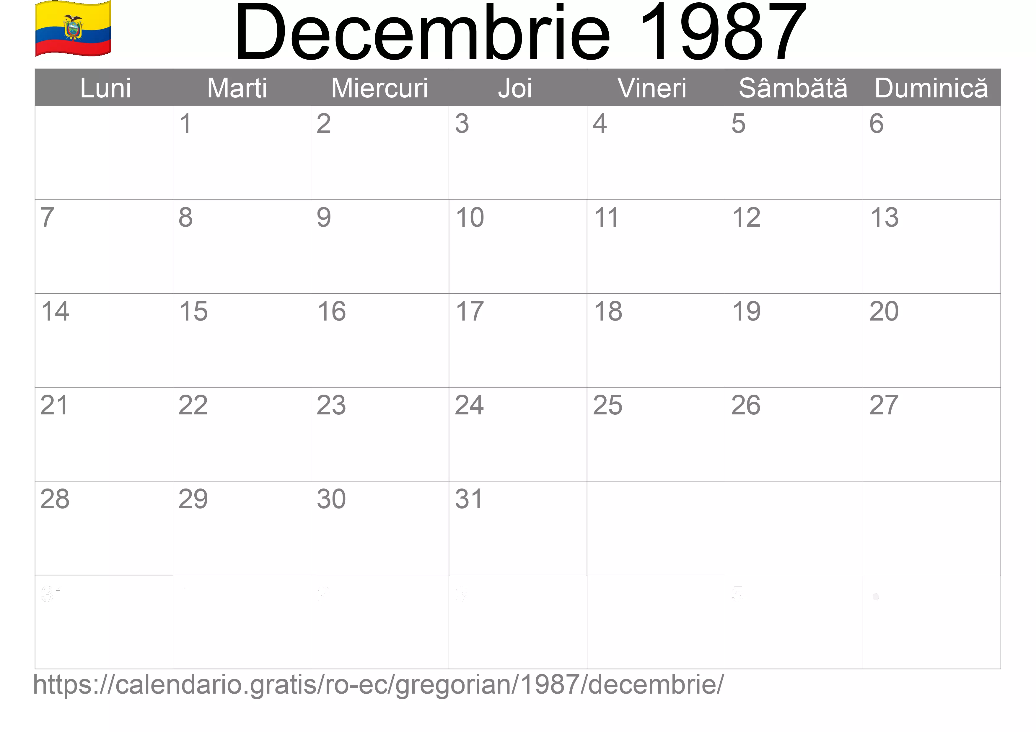 Calendar Decembrie 1987 pentru imprimare (Ecuador) Calendar Decembrie 1987 pentru imprimare (Ecuador)