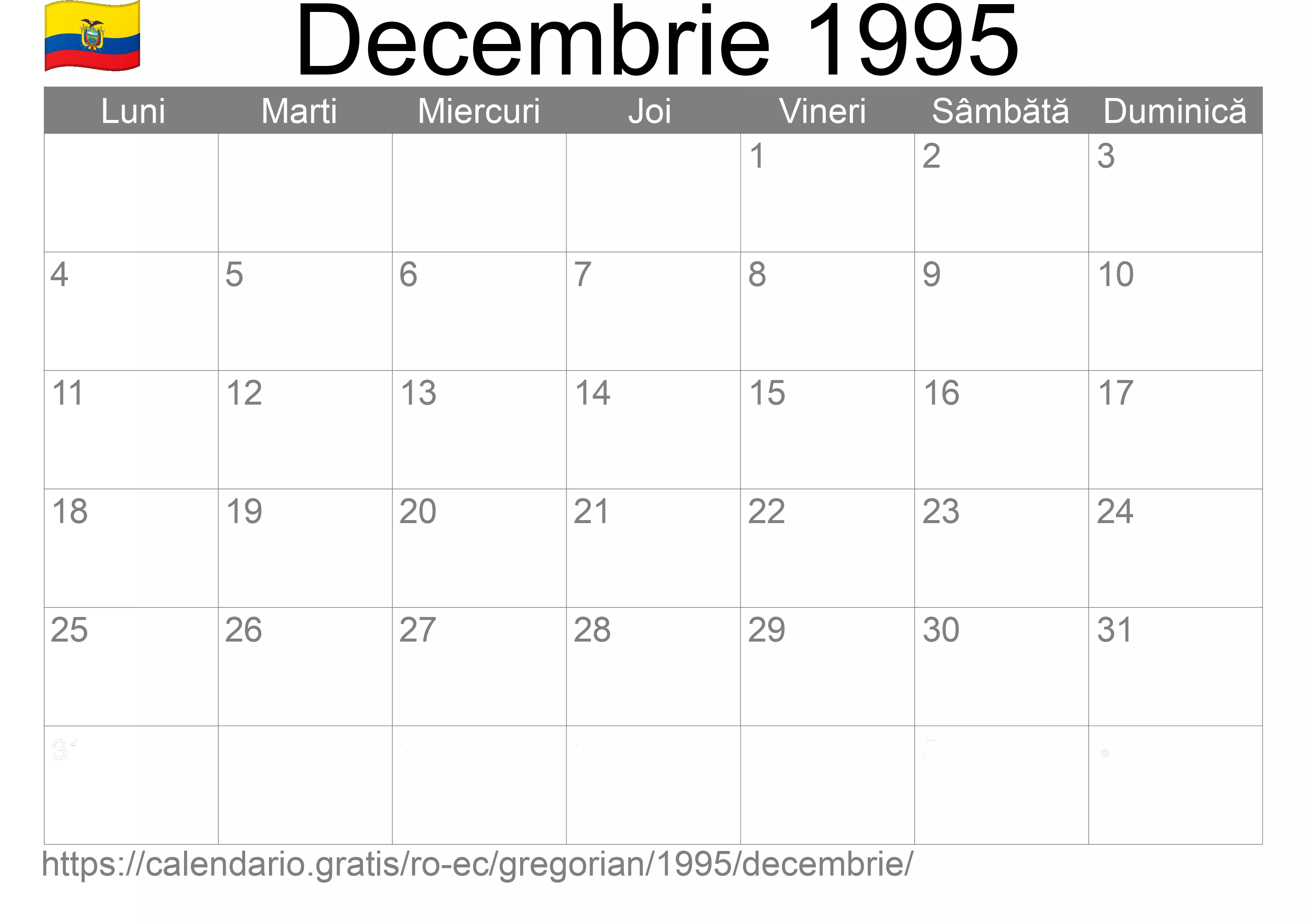 Calendar Decembrie 1995 pentru imprimare (Ecuador)