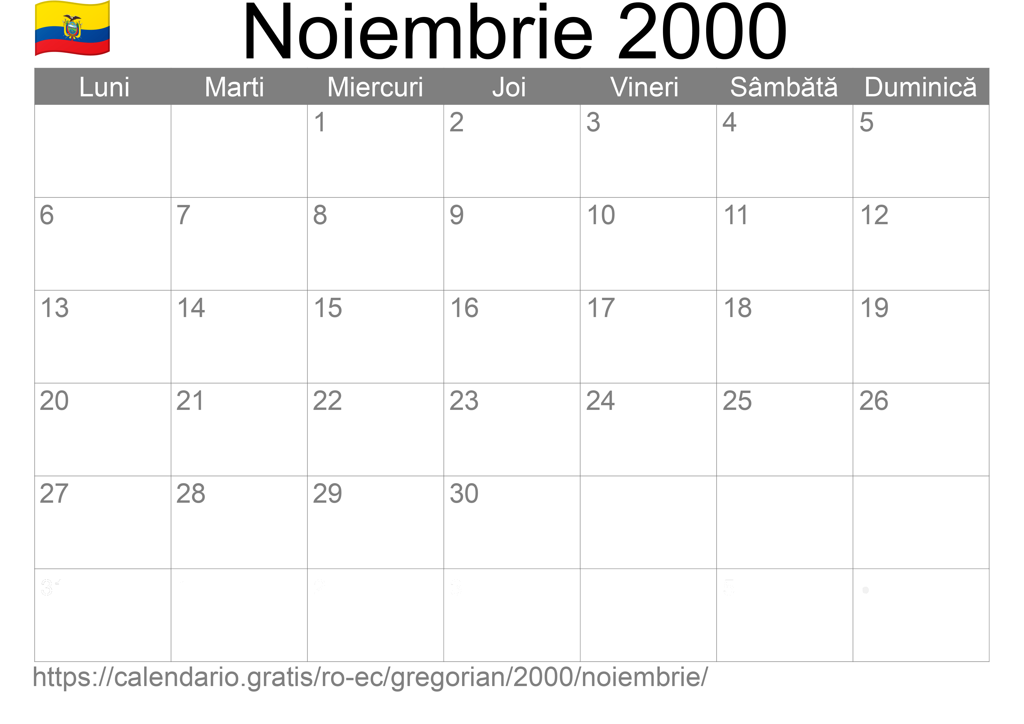 Calendar Noiembrie 2000 pentru imprimare