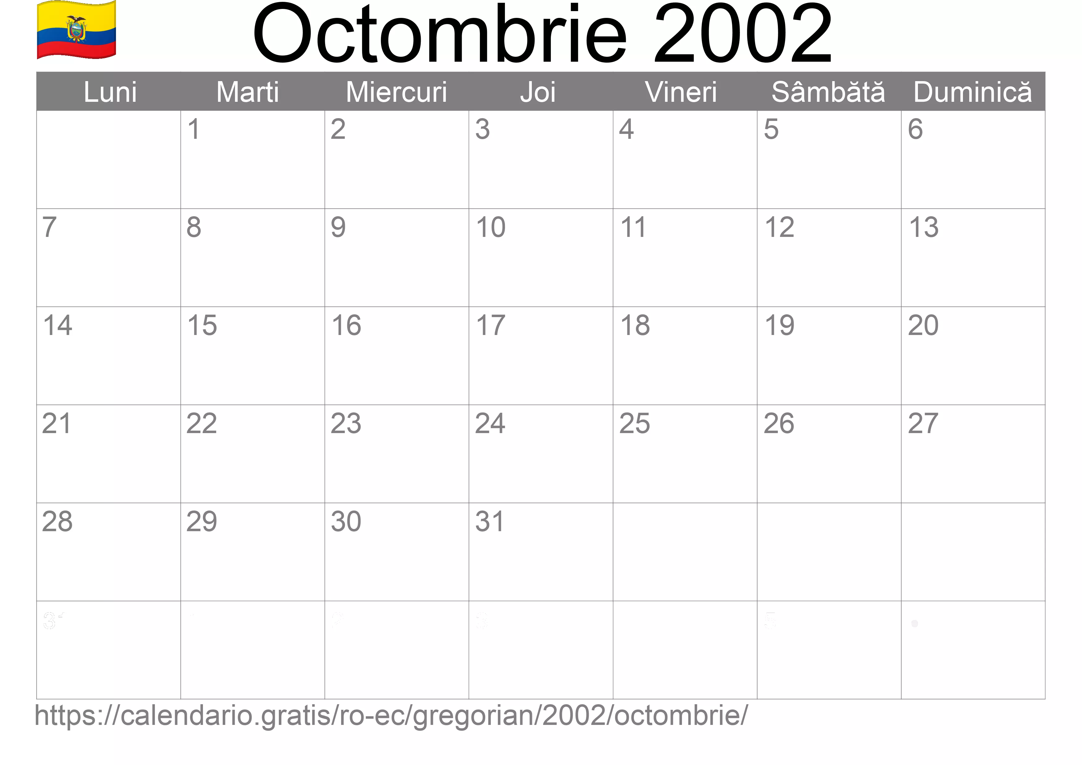 Calendar Octombrie 2002 pentru imprimare (Ecuador)