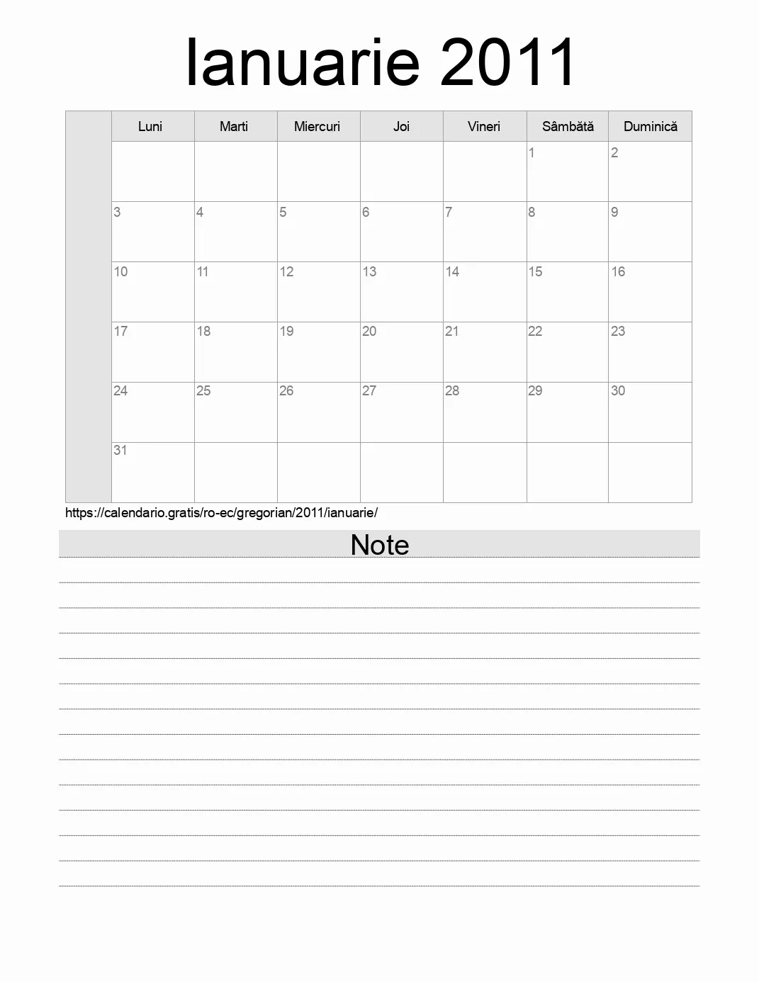 Calendar pentru Ianuarie 2011 de imprimat cu note. (Ecuador)