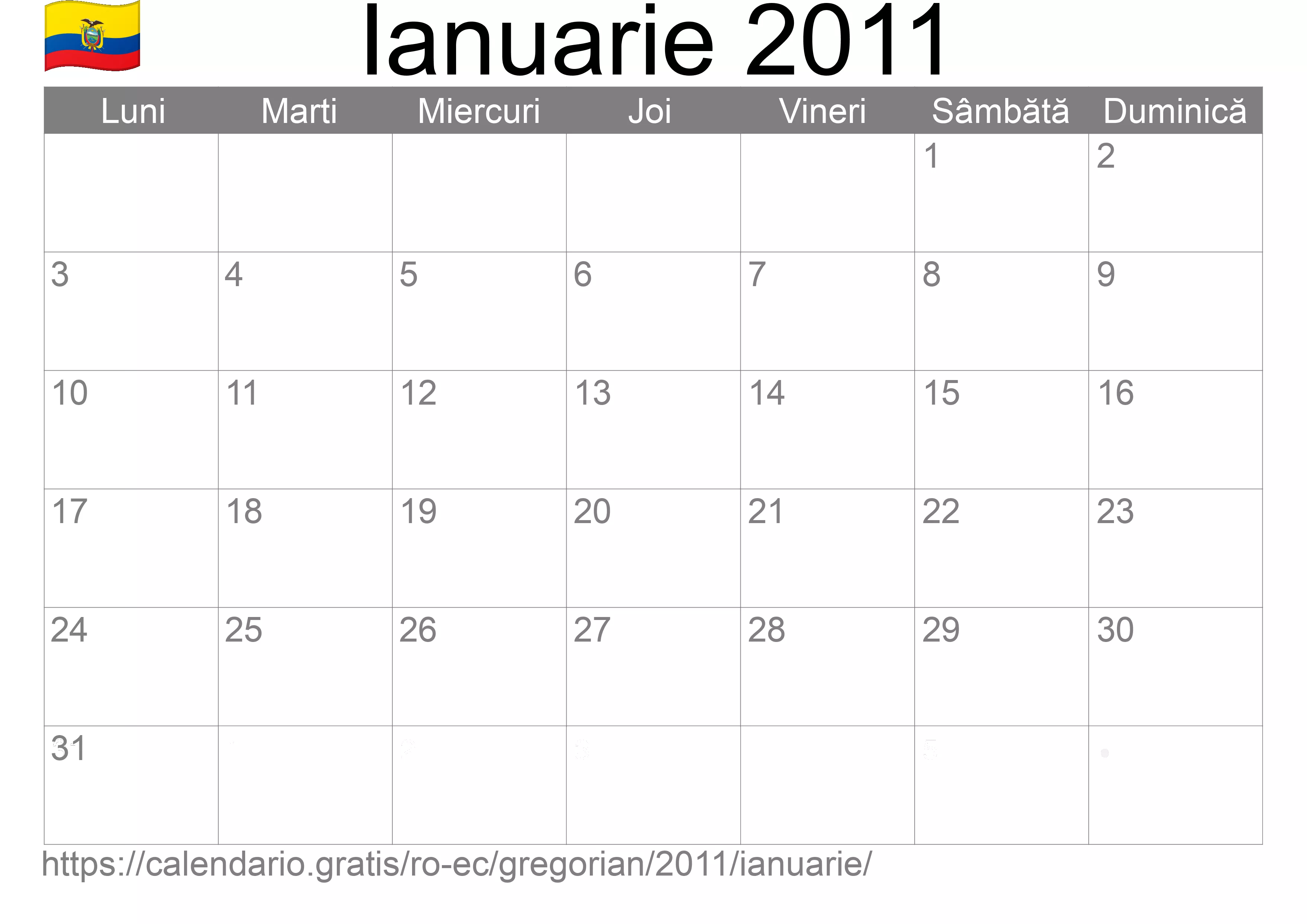 Calendar Ianuarie 2011 pentru imprimare (Ecuador)