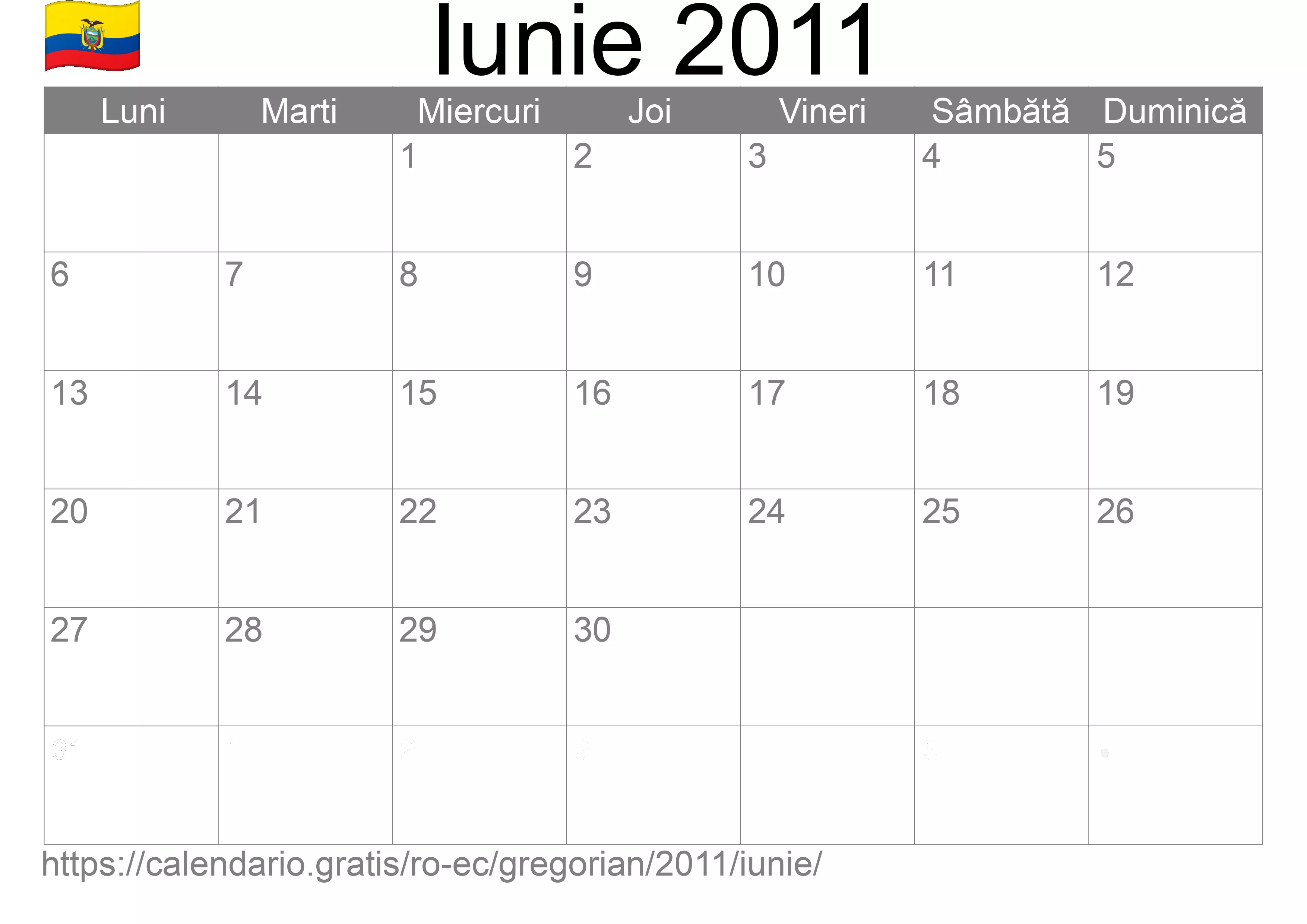 Calendar Iunie 2011 pentru imprimare (Ecuador)